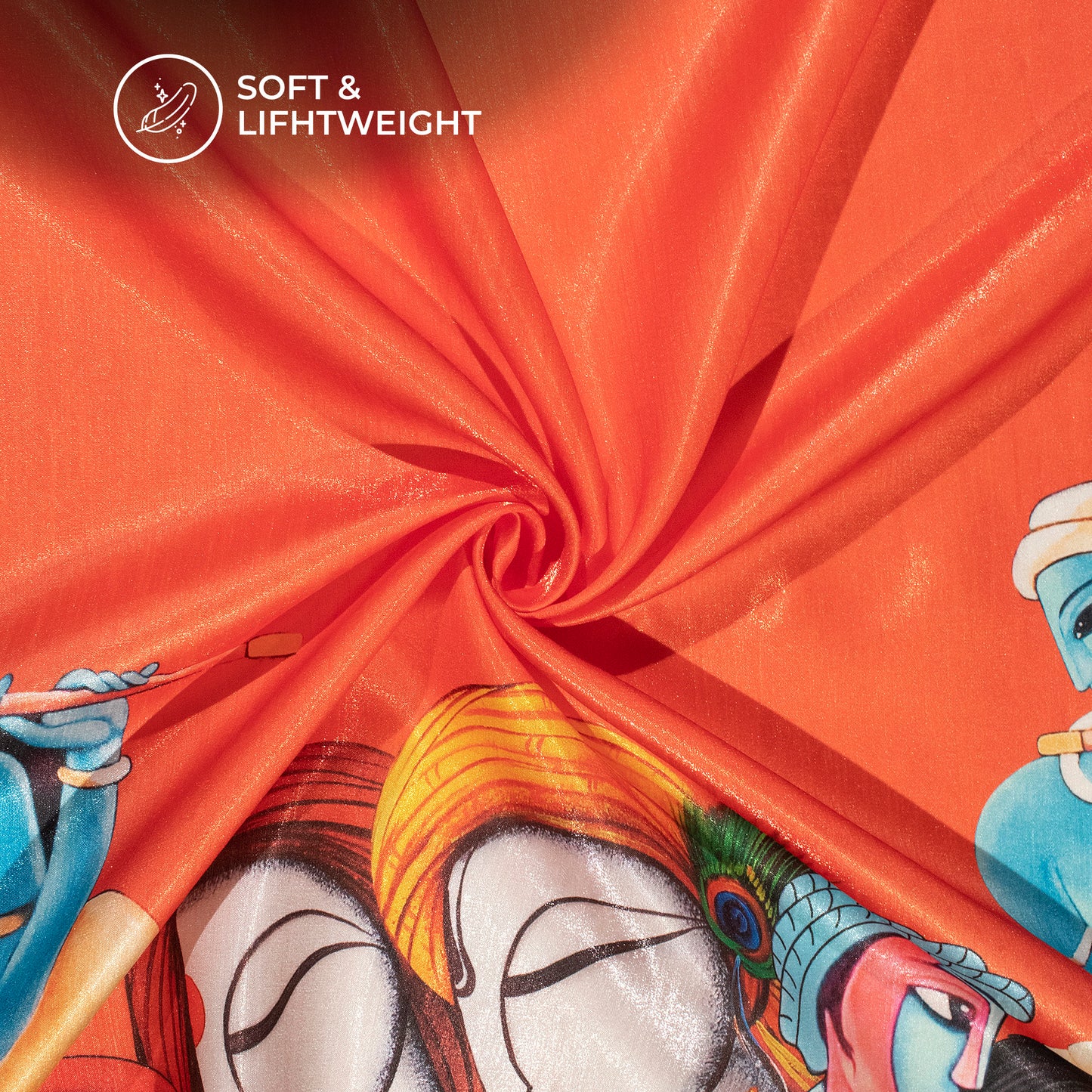 Orange And Sky Blue Madhuvanii Pattern Digital Print Silk Satin Fabric
