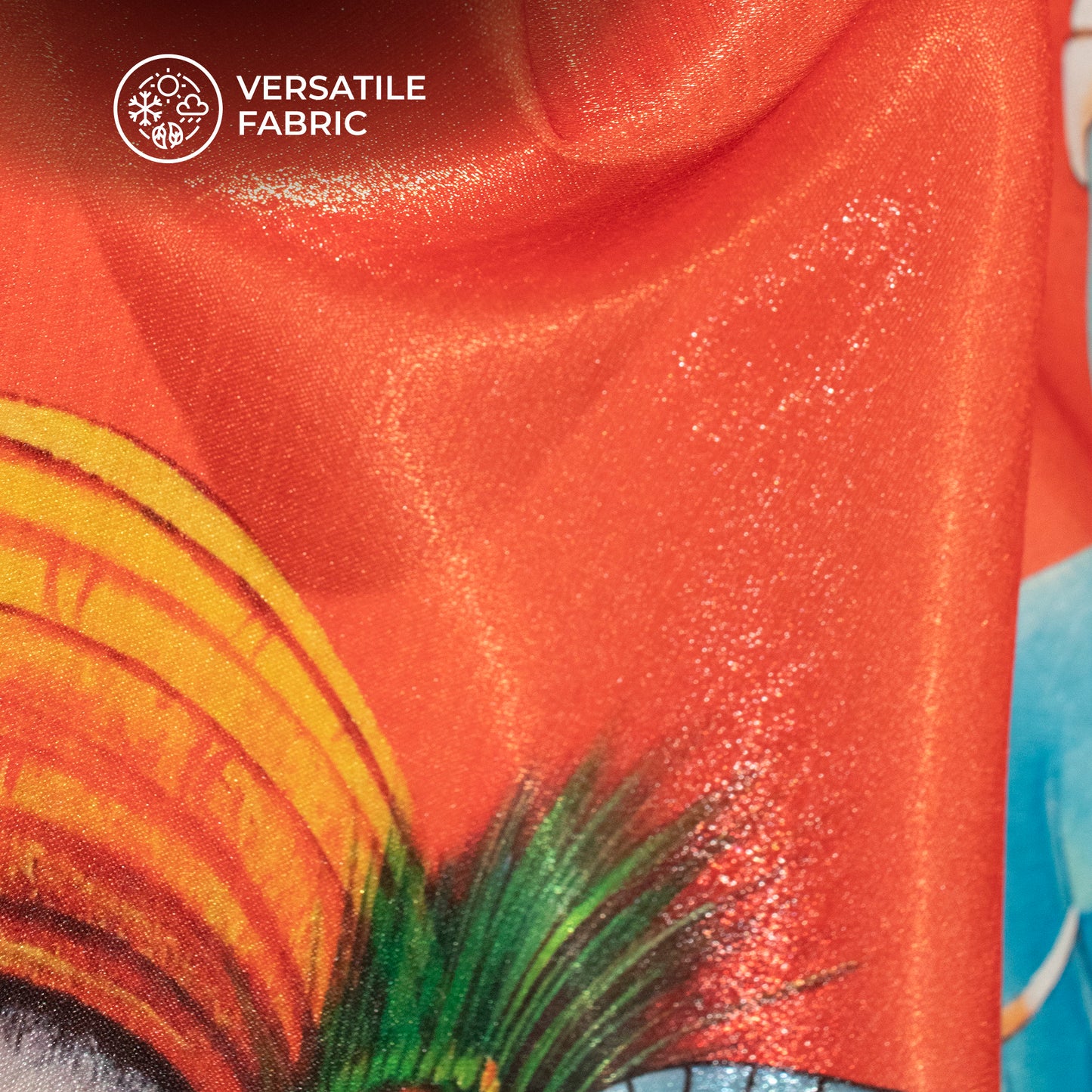 Orange And Sky Blue Madhuvanii Pattern Digital Print Silk Satin Fabric