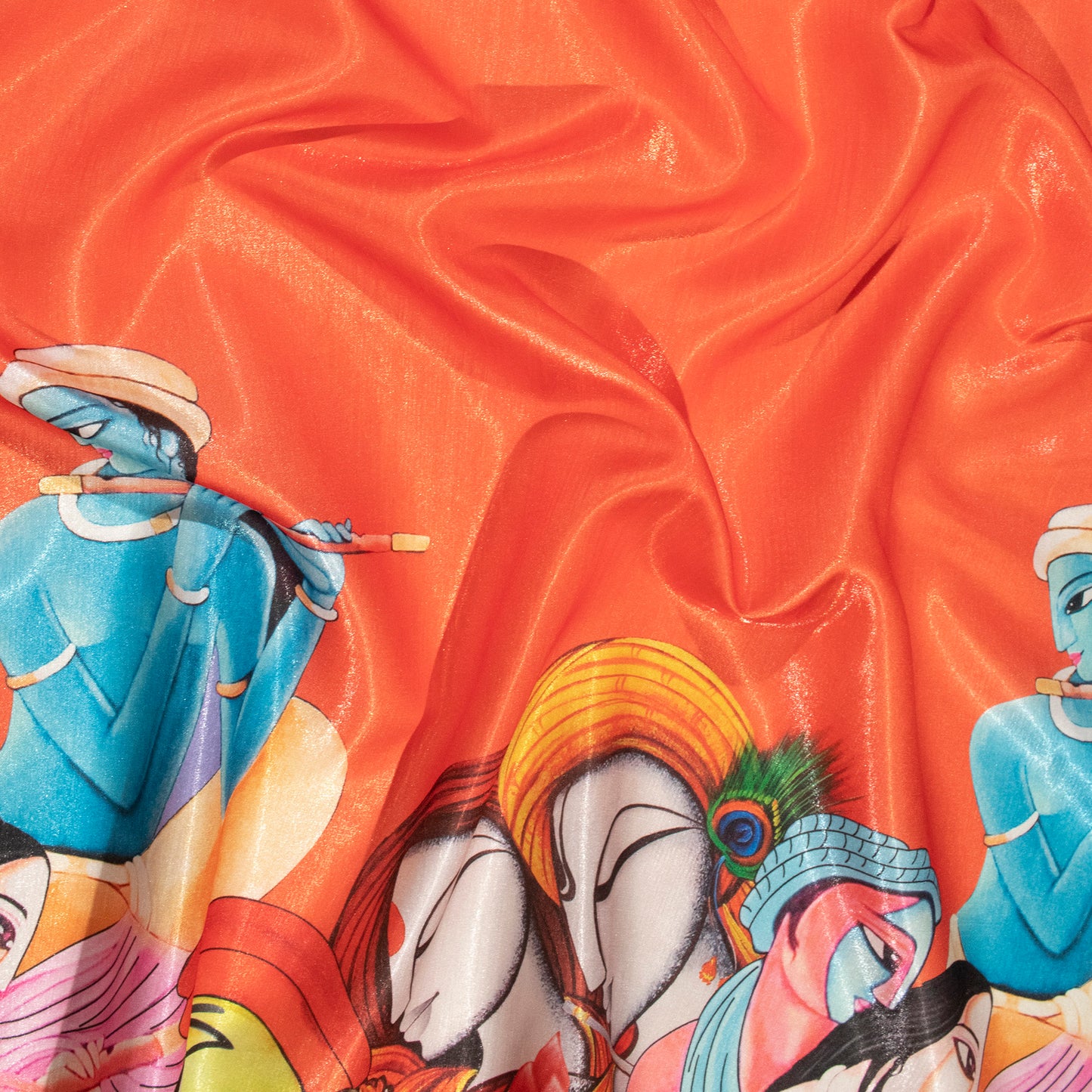 Orange And Sky Blue Madhuvanii Pattern Digital Print Silk Satin Fabric