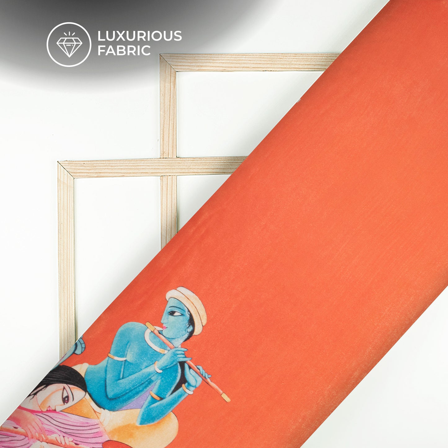Orange And Sky Blue Madhuvanii Pattern Digital Print Silk Satin Fabric
