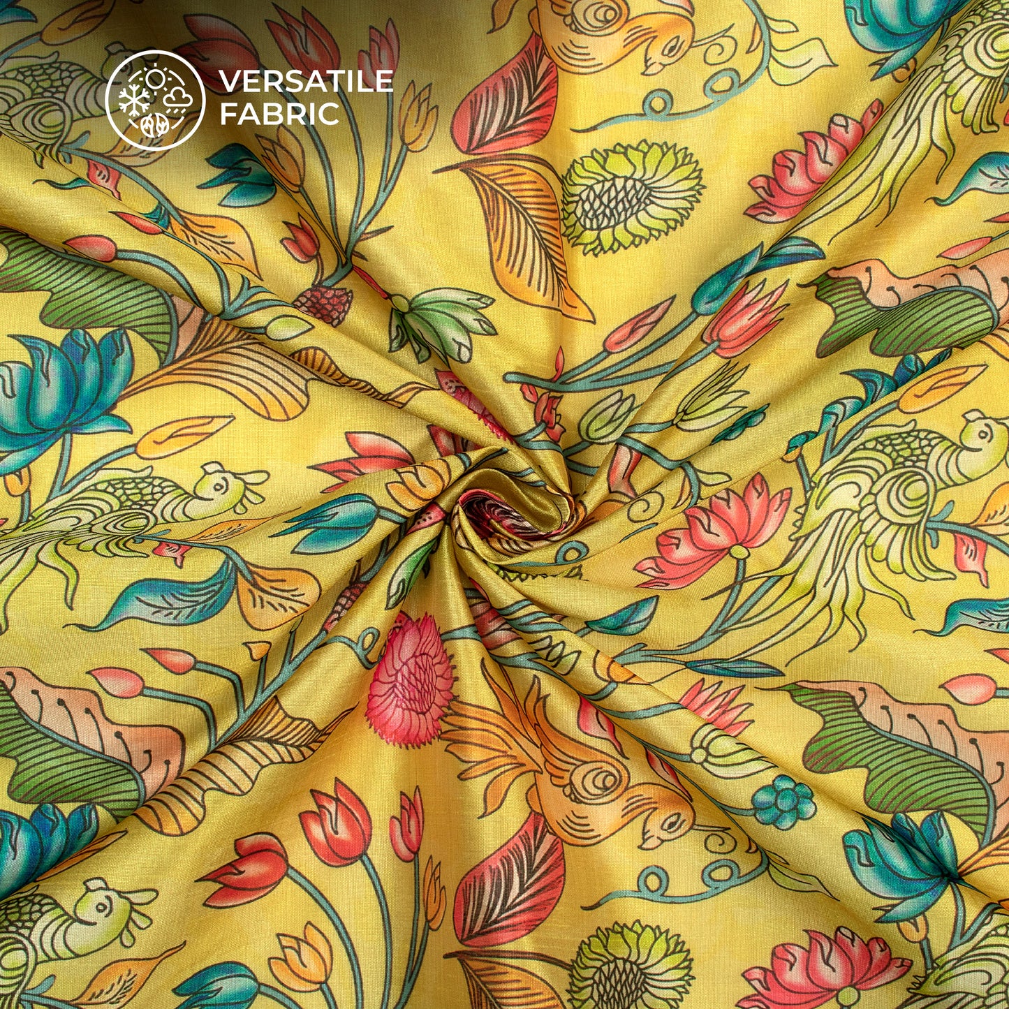 Yellow Kalamkari Patten Digital Print Chiku Flat Slik Fabric