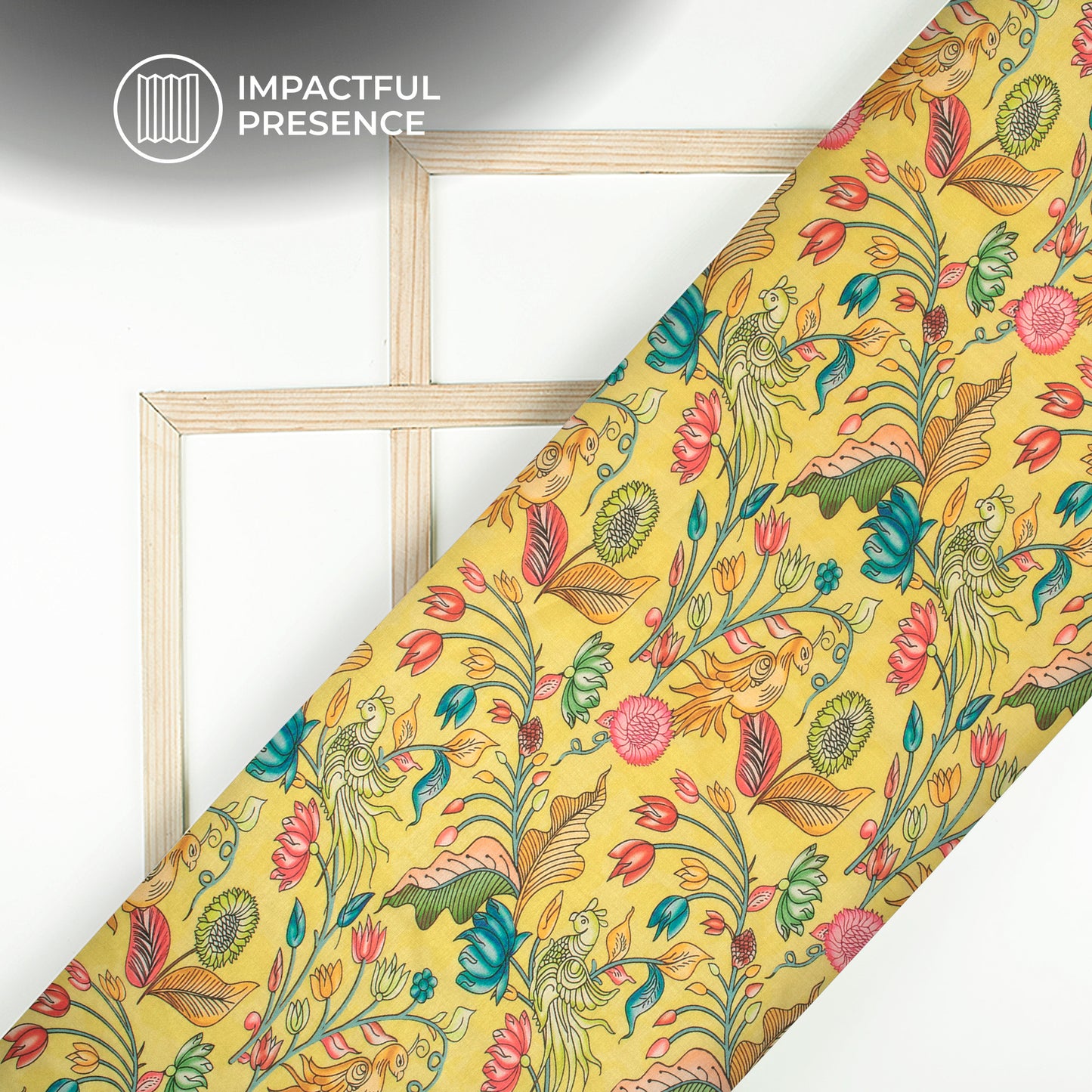 Yellow Kalamkrii Patten Digital Print Chiku Flat Slik Fabric