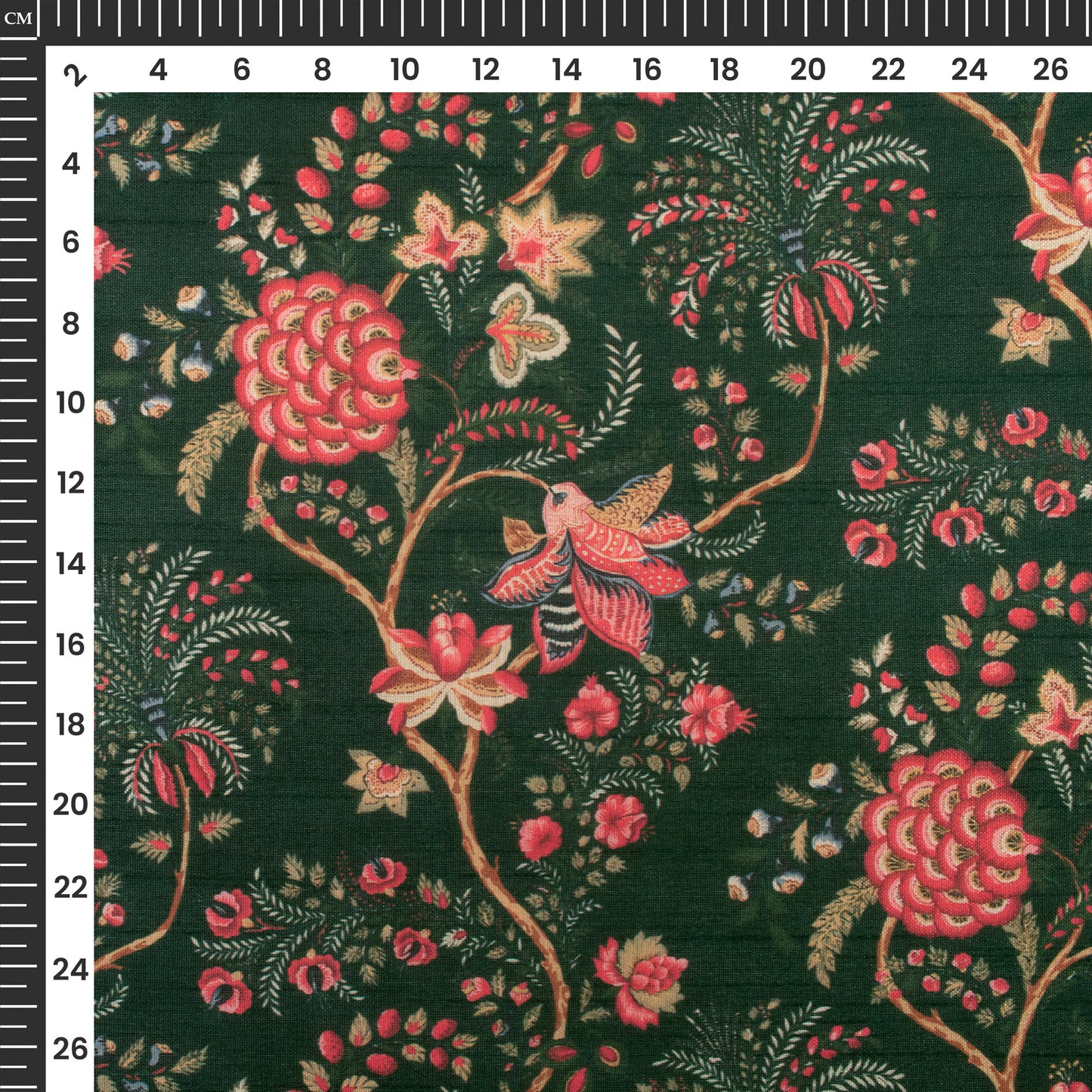 Dark Green and Pink Floral Pattern Digital Print Chiku Flat Slik Fabric