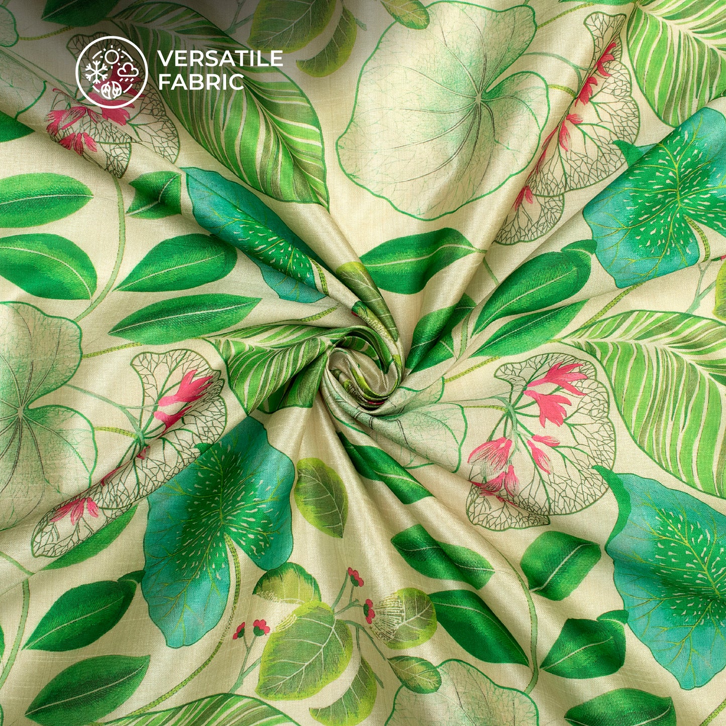 Jasmine White And Green Leaf Pattern Digital Print Chiku Flat Silk Fabric