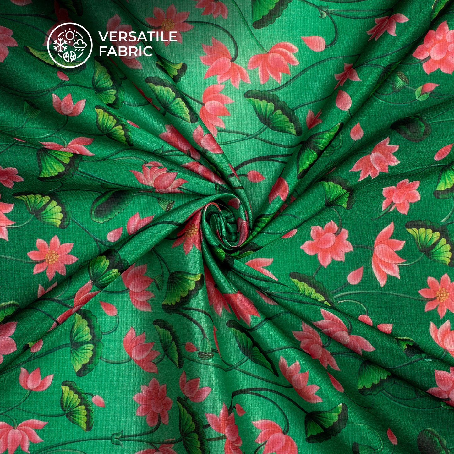 Green And Rose Pink Floral Patten Digital Print Chiku Flat Slik Fabric