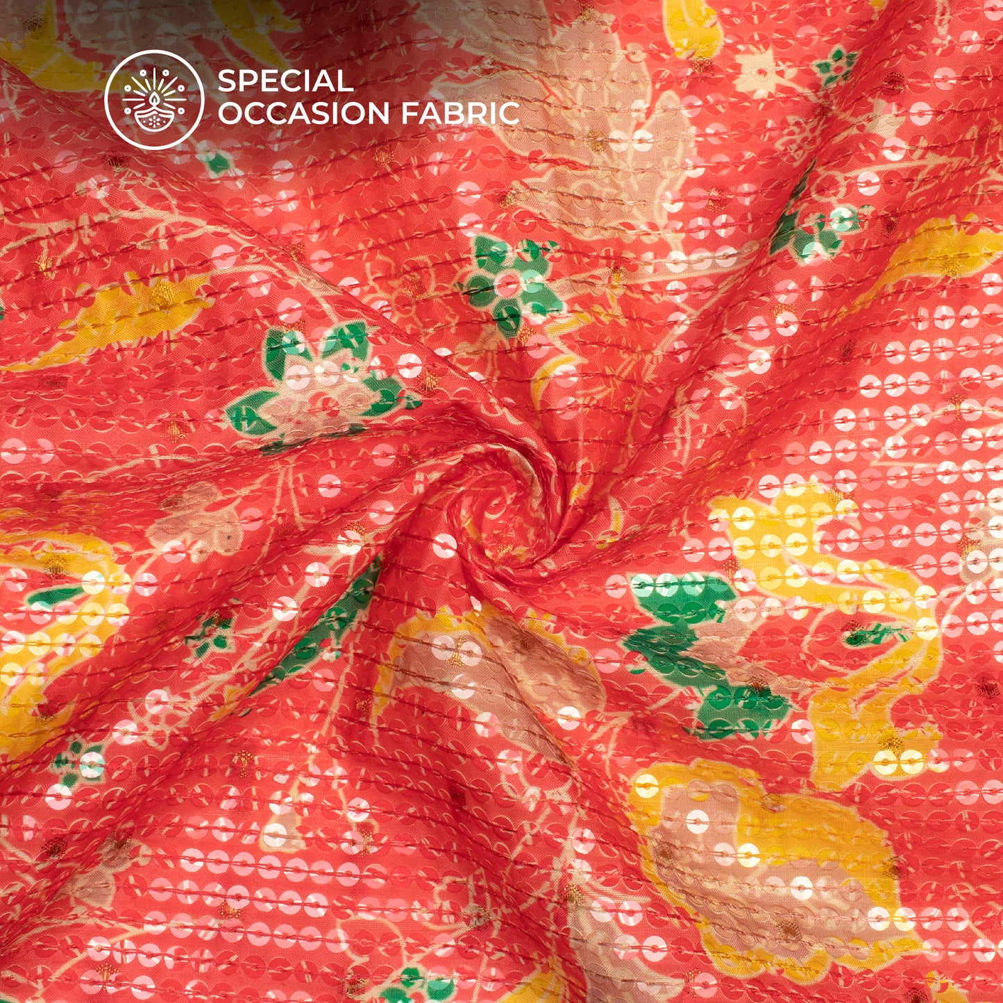 Rose Red And Yellow Floral Pattaern Digital Print Chanderi Water Sequins Fabric
