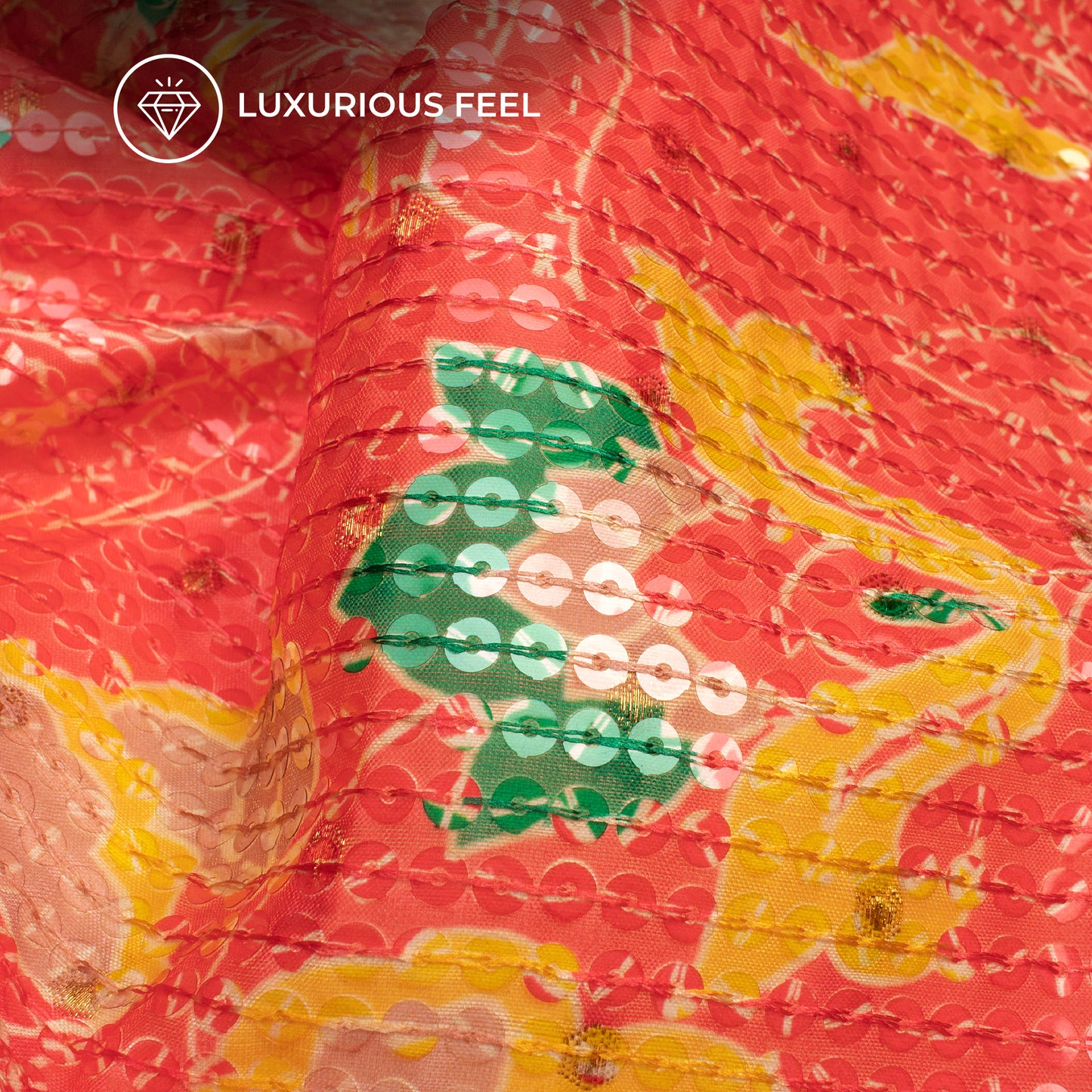 Rose Red And Yellow Floral Pattaern Digital Print Chanderi Water Sequins Fabric