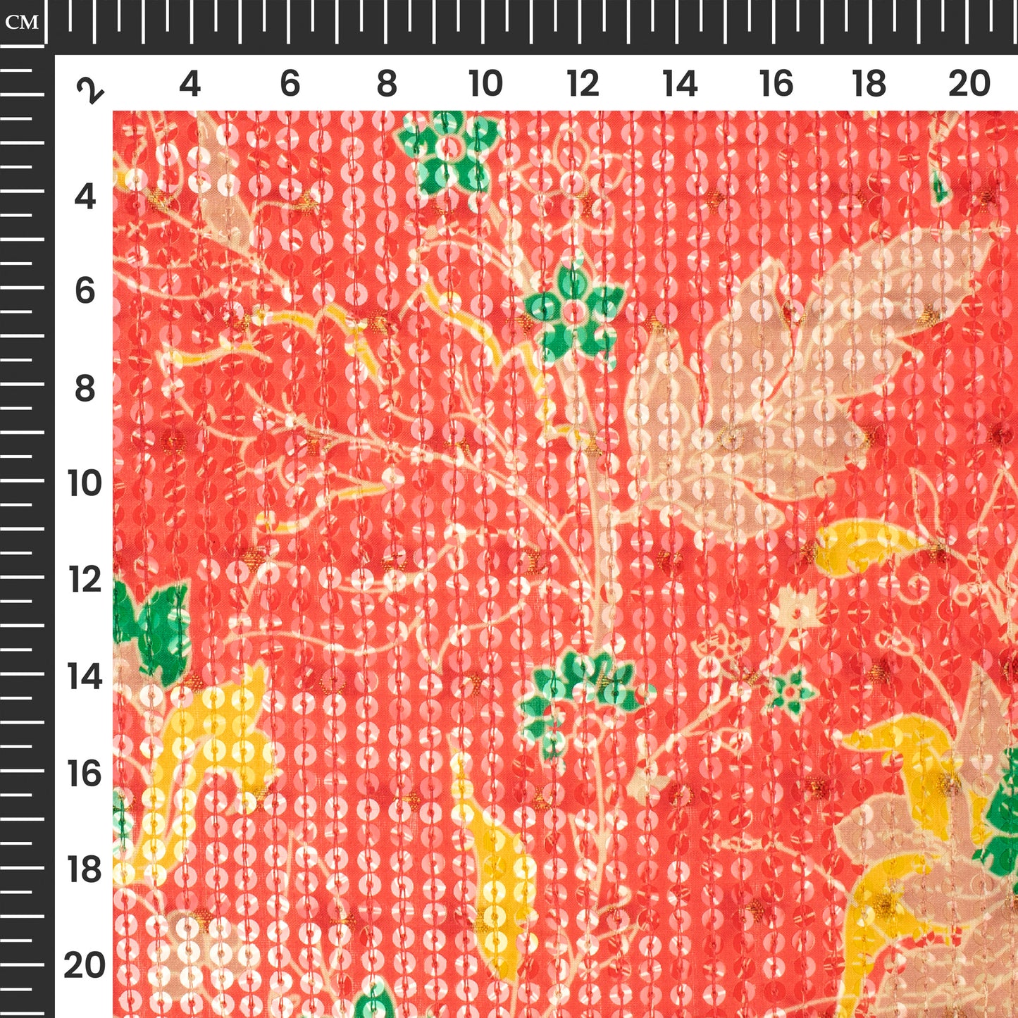 Rose Red And Yellow Floral Pattaern Digital Print Chanderi Water Sequins Fabric
