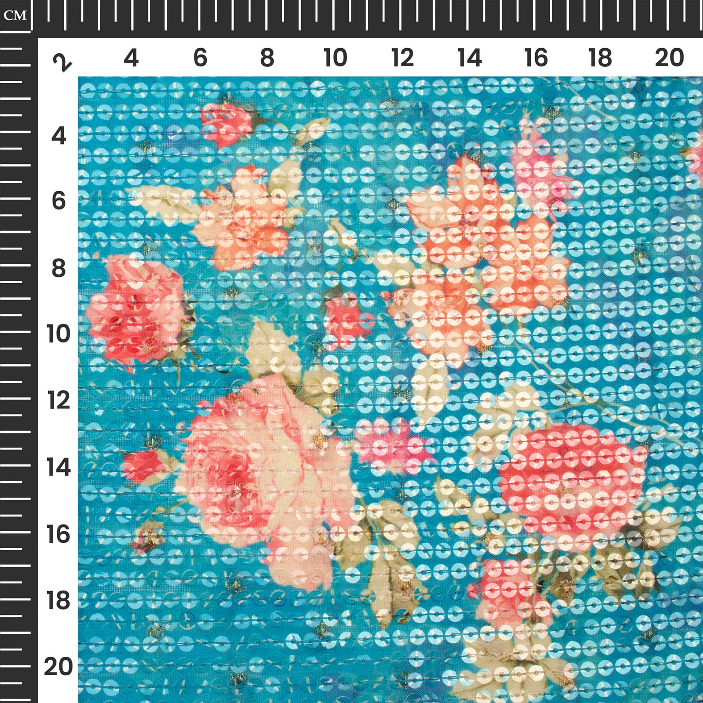 Sky Blue And Pink Floral Pattaern Digital Print Chanderi Water Sequins Fabric