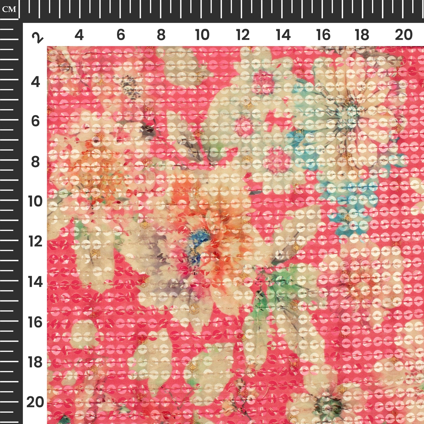Pink And Green Floral Pattaern Digital Print Chanderi Water Sequins Fabric