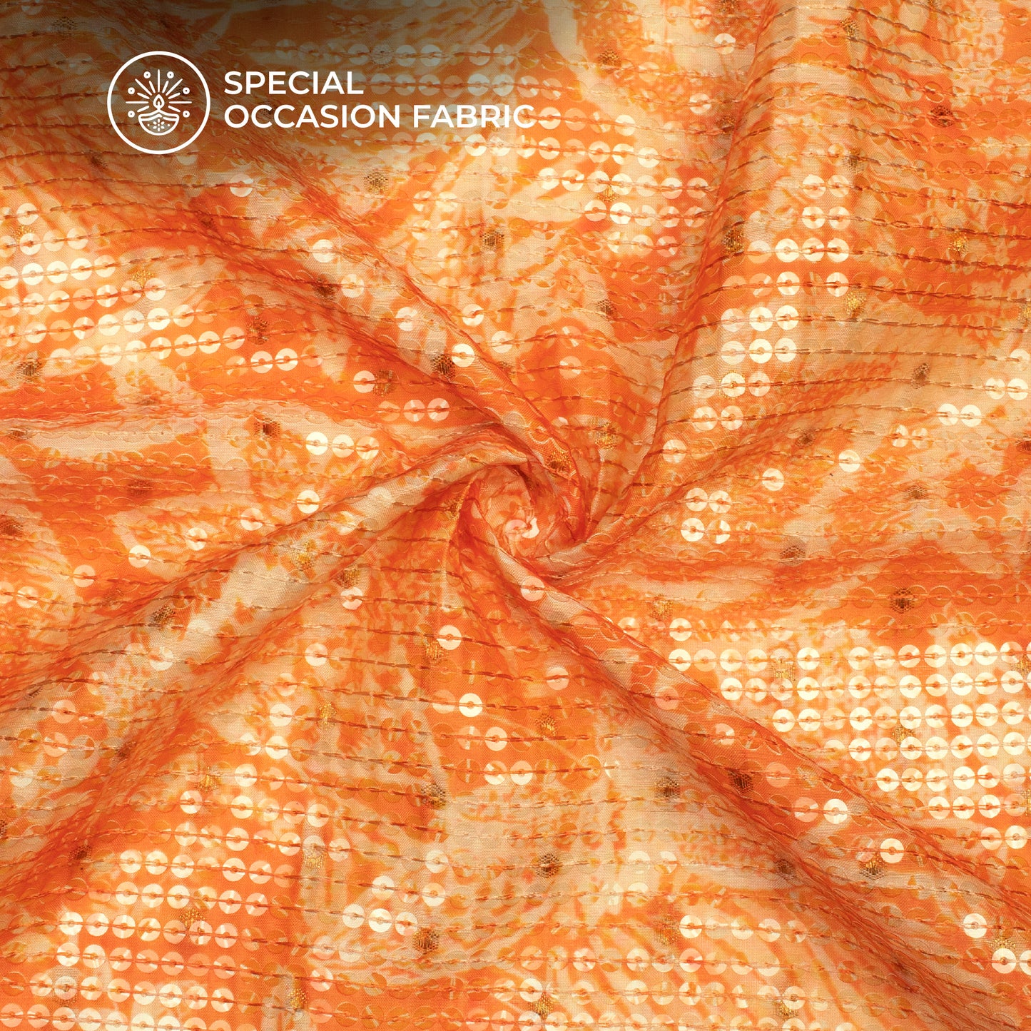 Orange And Off White Floral Pattaern Digital Print Chanderi Water Sequins Fabric