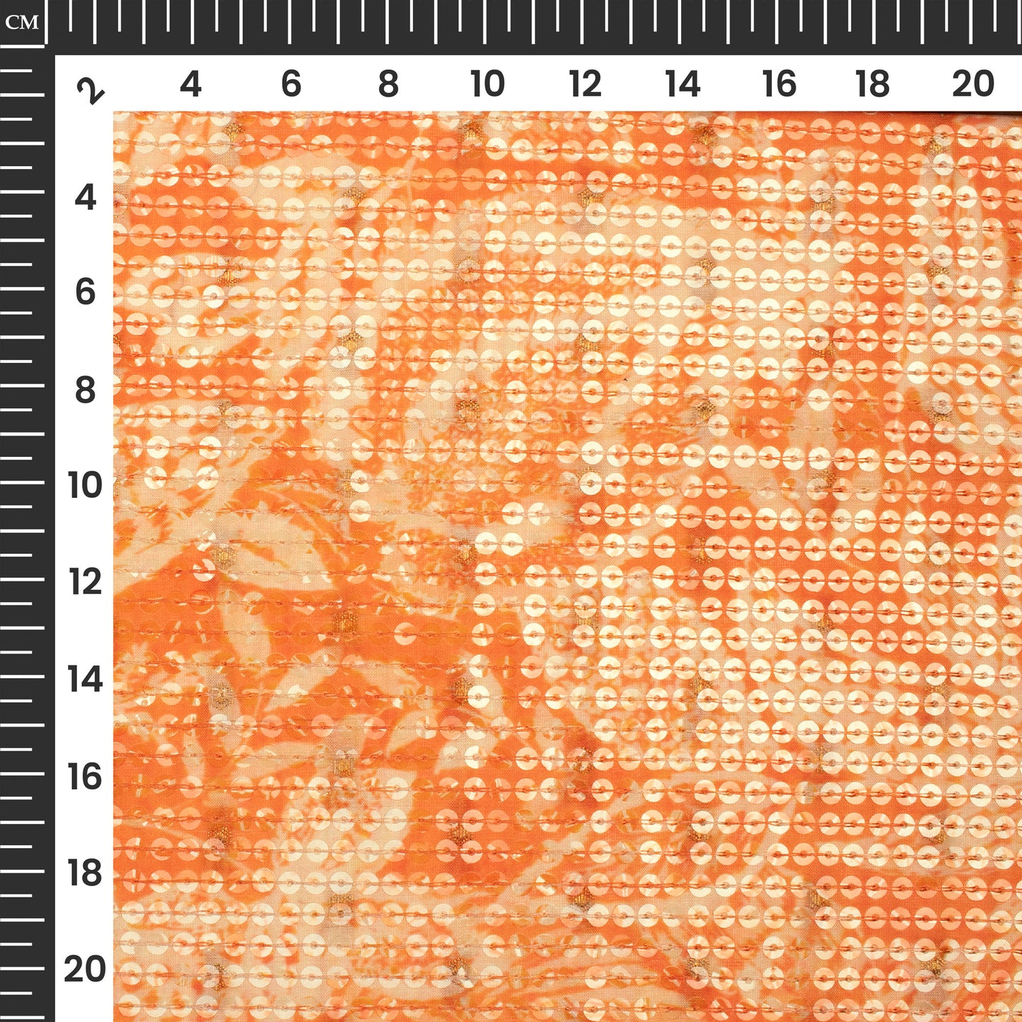 Orange And Off White Floral Pattaern Digital Print Chanderi Water Sequins Fabric