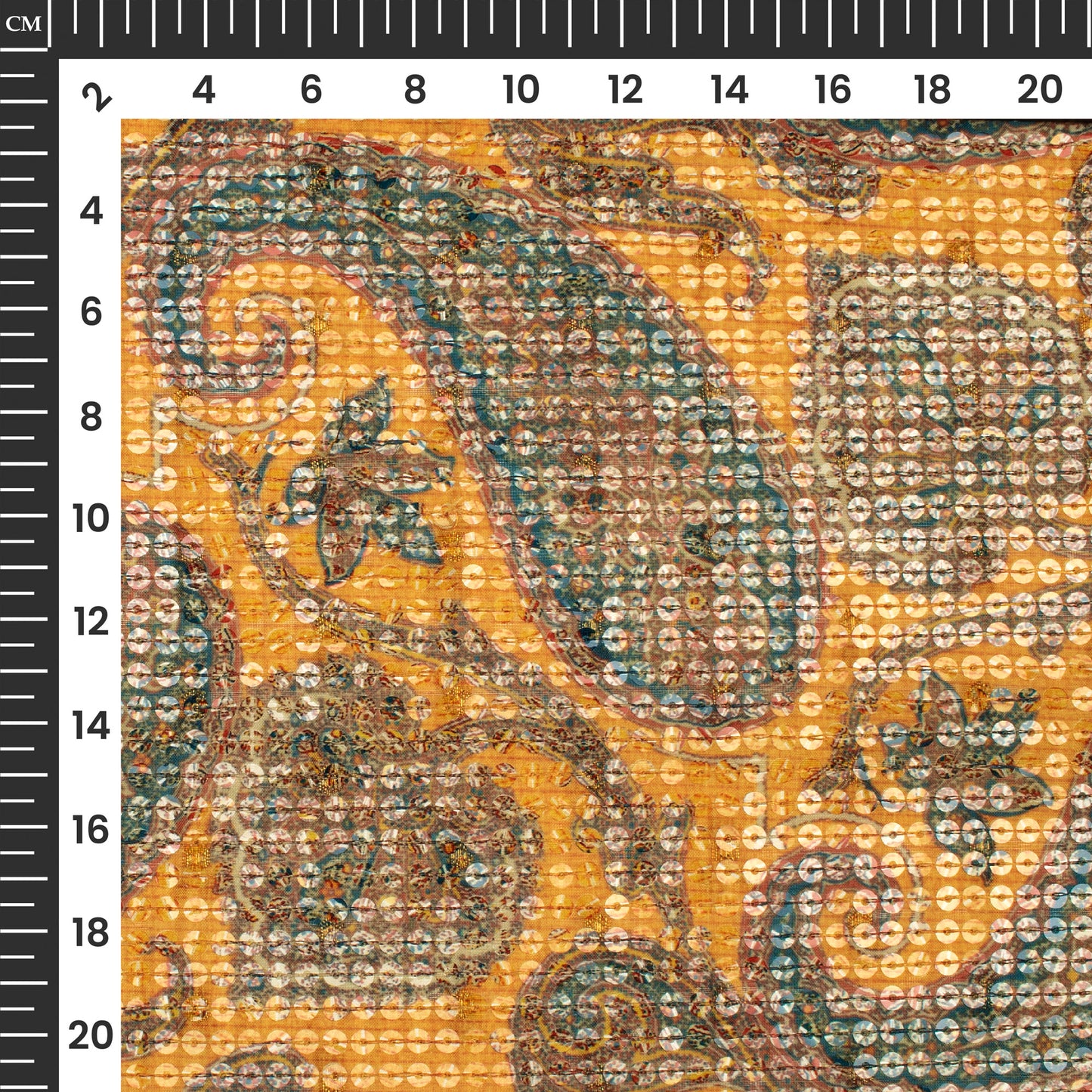 Dijon Yellow And Sacramento Green Paisley Pattaern Digital Print Chanderi Water Sequins Fabric
