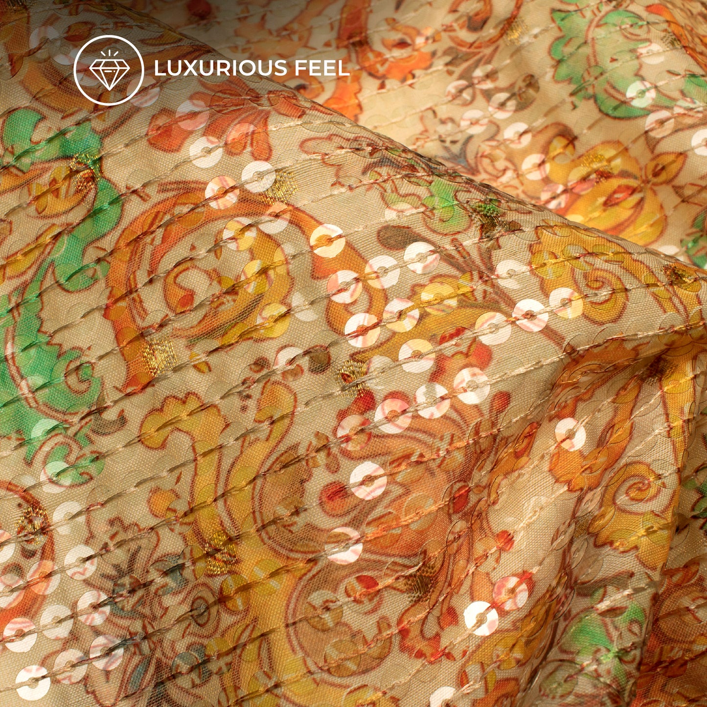 Cream And Orange Ethnic Pattaern Digital Print Chanderi Water Sequins Fabric