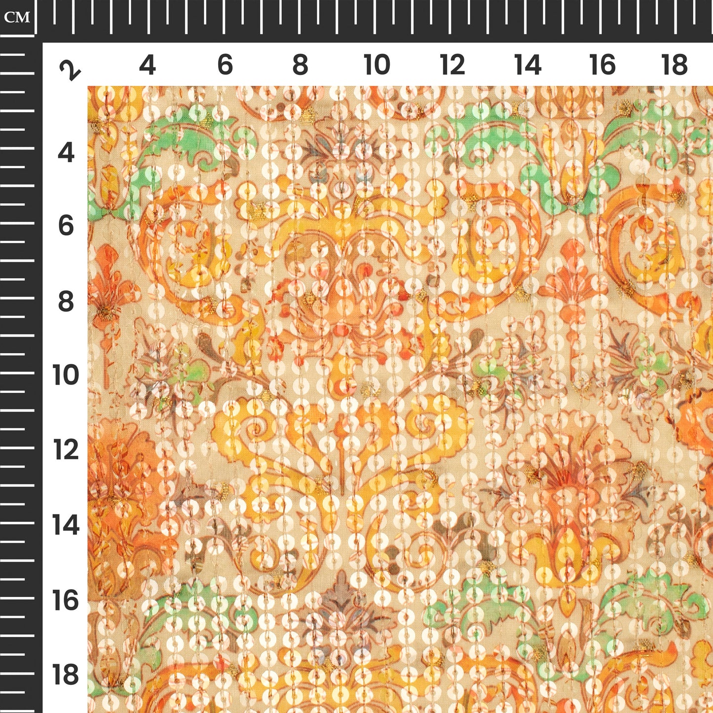 Cream And Orange Ethnic Pattaern Digital Print Chanderi Water Sequins Fabric