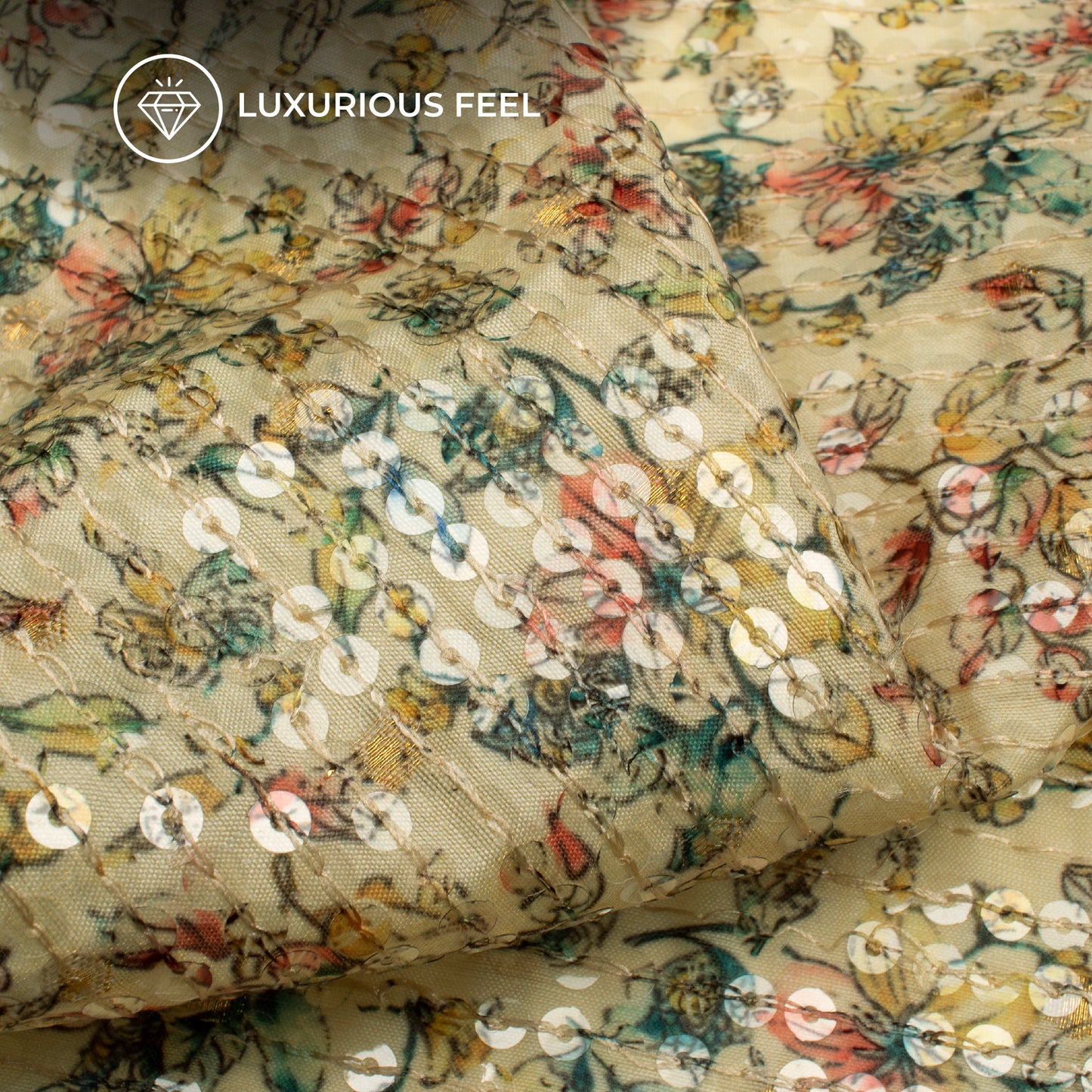 Yellow And Beige Floral Pattaern Digital Print Chanderi Water Sequins Fabric