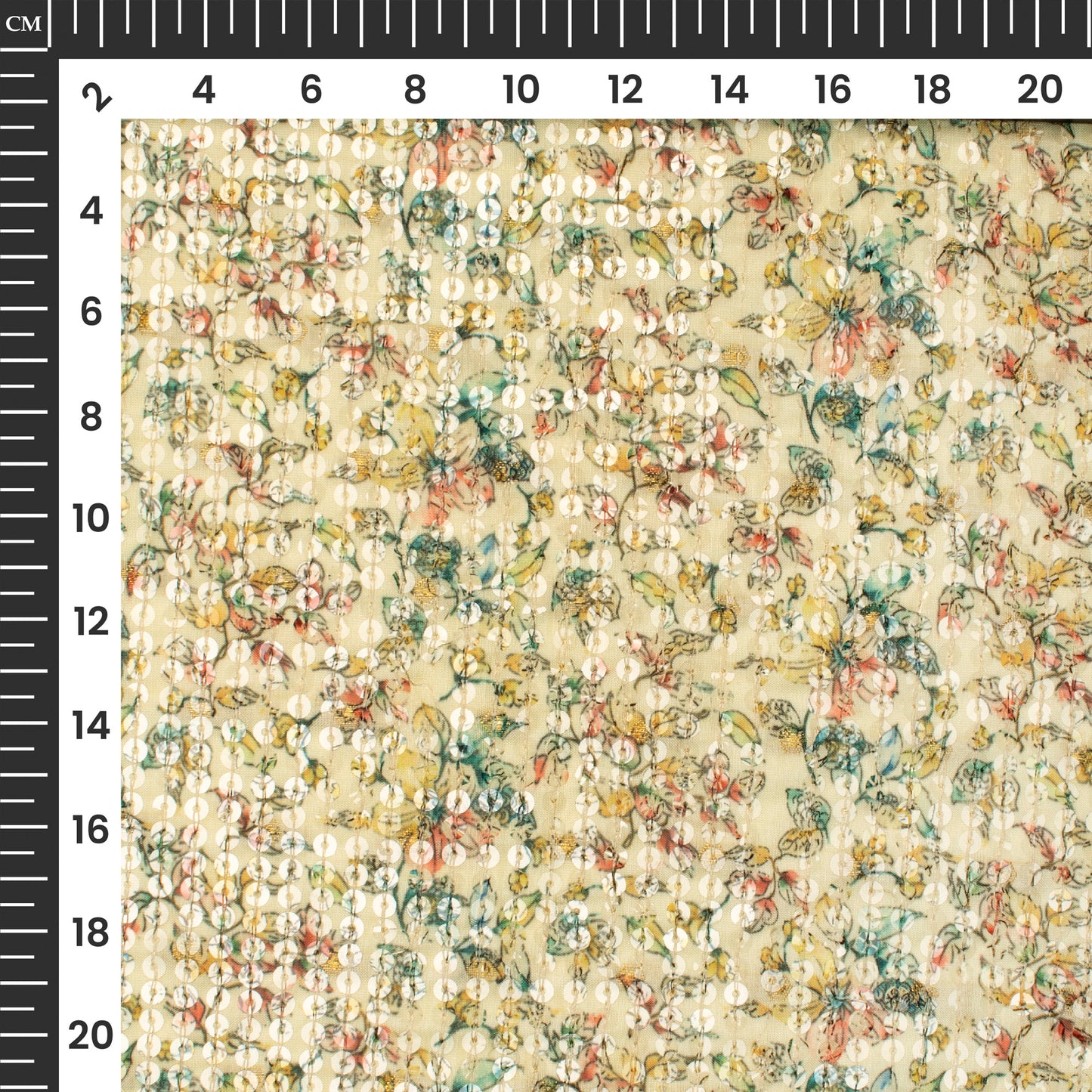 Yellow And Beige Floral Pattaern Digital Print Chanderi Water Sequins Fabric