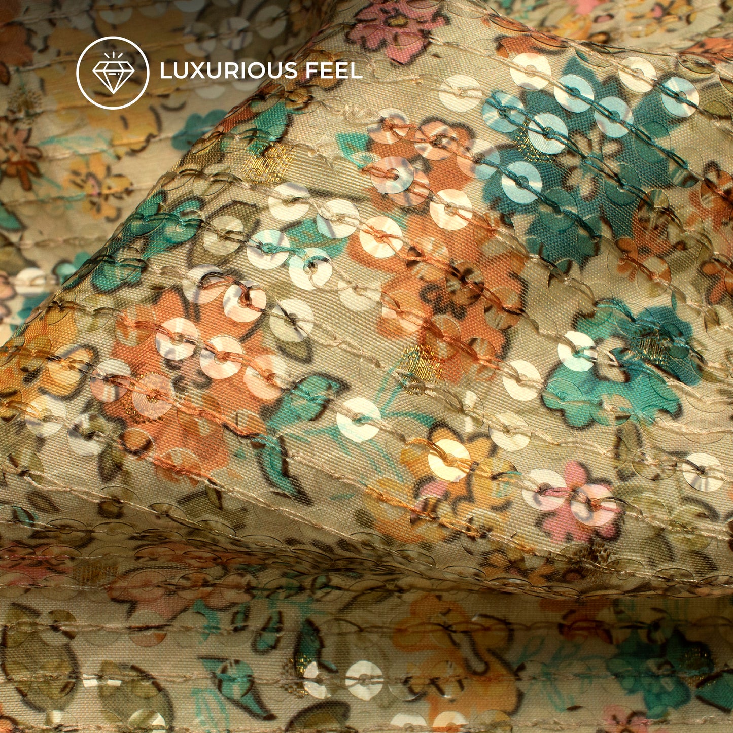 Orange And Green Floral Pattaern Digital Print Chanderi Water Sequins Fabric