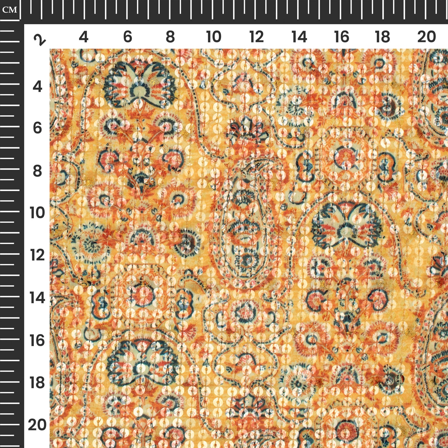 Yellow And Oranga Paisley Pattaern Digital Print Chanderi Water Sequins Fabric