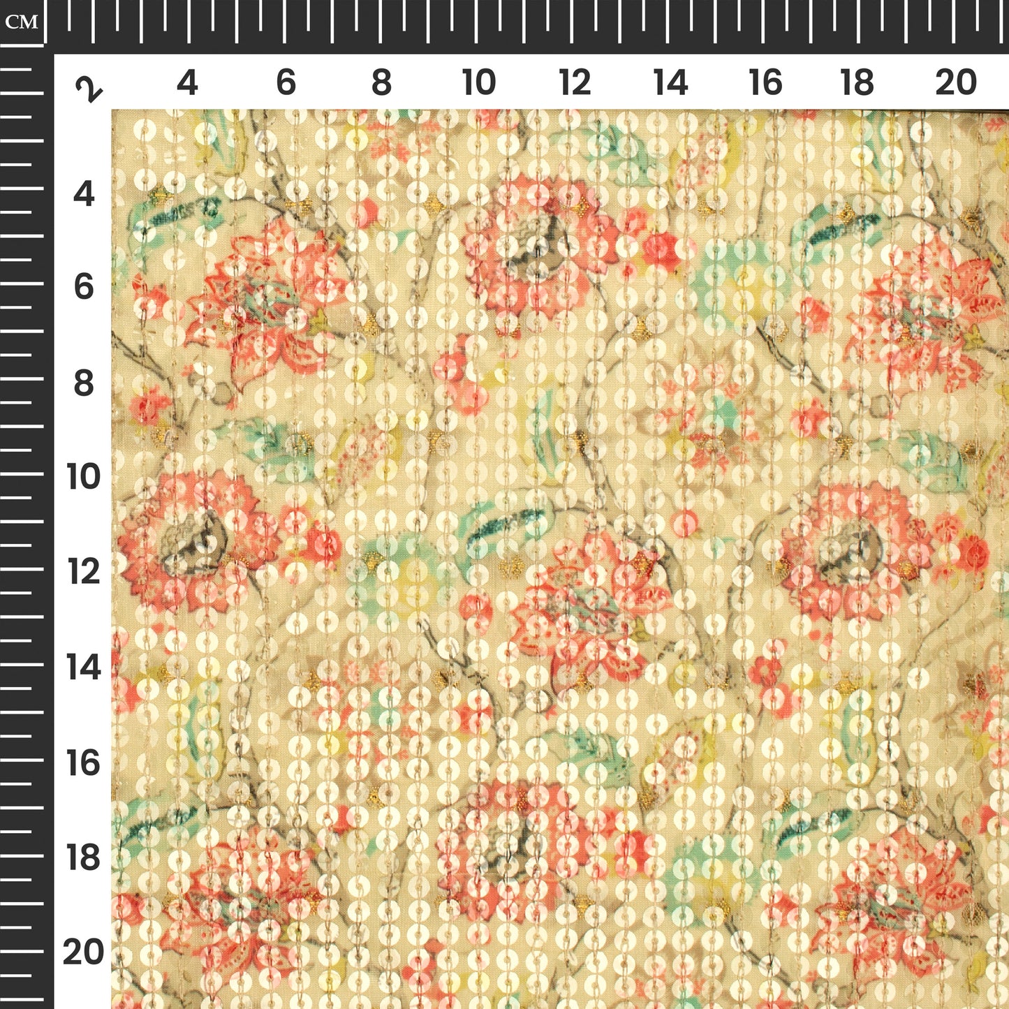 Pink And Green Floral Pattaern Digital Print Chanderi Water Sequins Fabric
