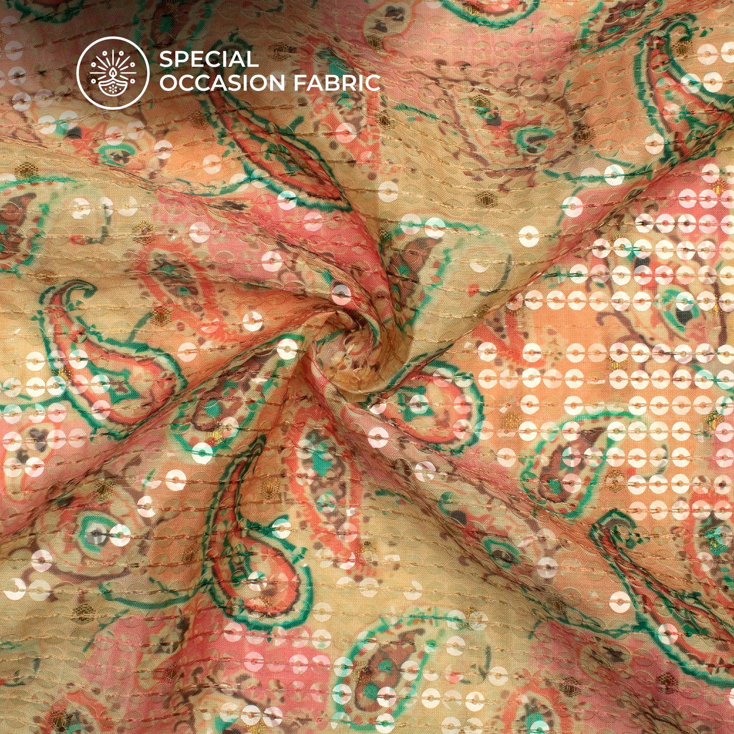 Pink And Green Paisley Pattaern Digital Print Chanderi Water Sequins Fabric
