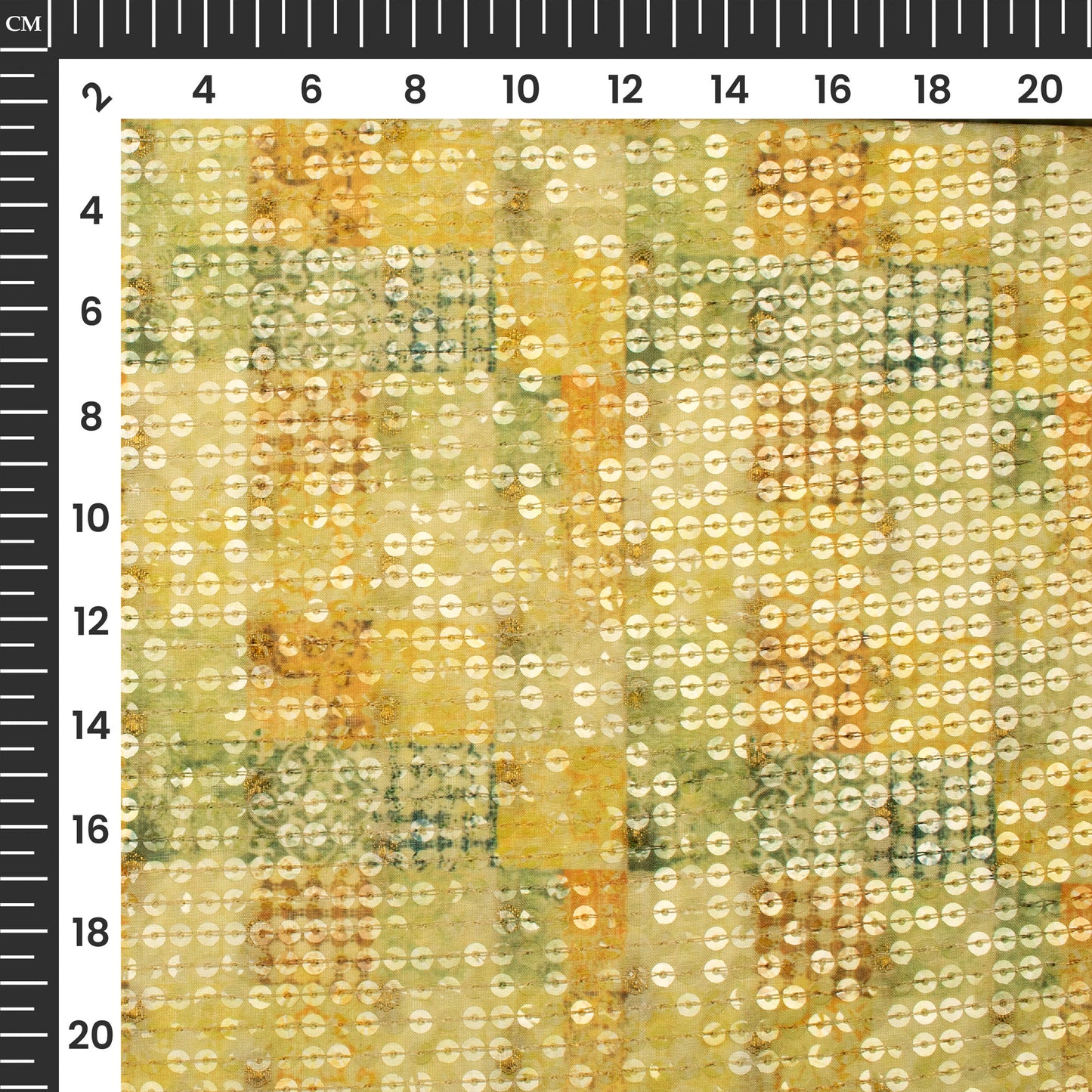 Yellow And Green Checks Pattaern Digital Print Chanderi Water Sequins Fabric