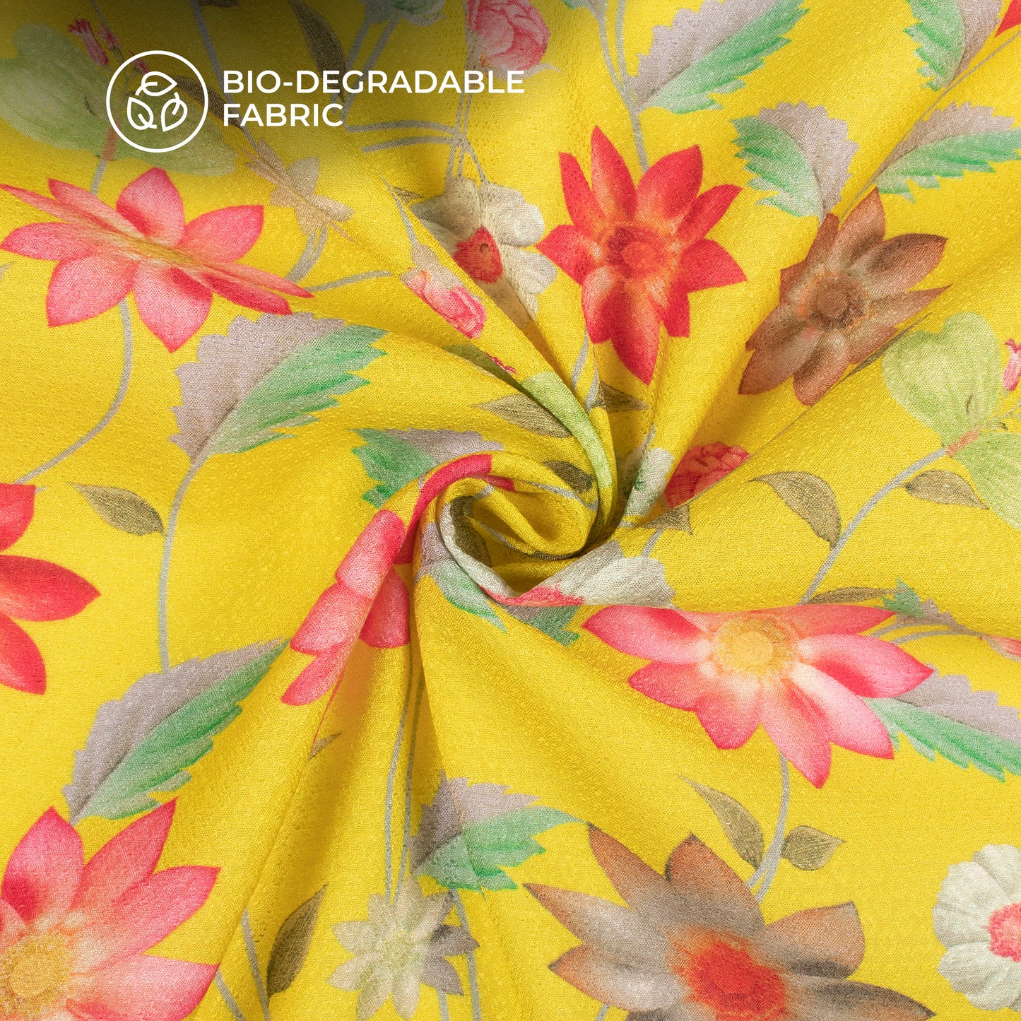 Lemon Yellow Floral Printed Sustainable Eucalyptus Fabric