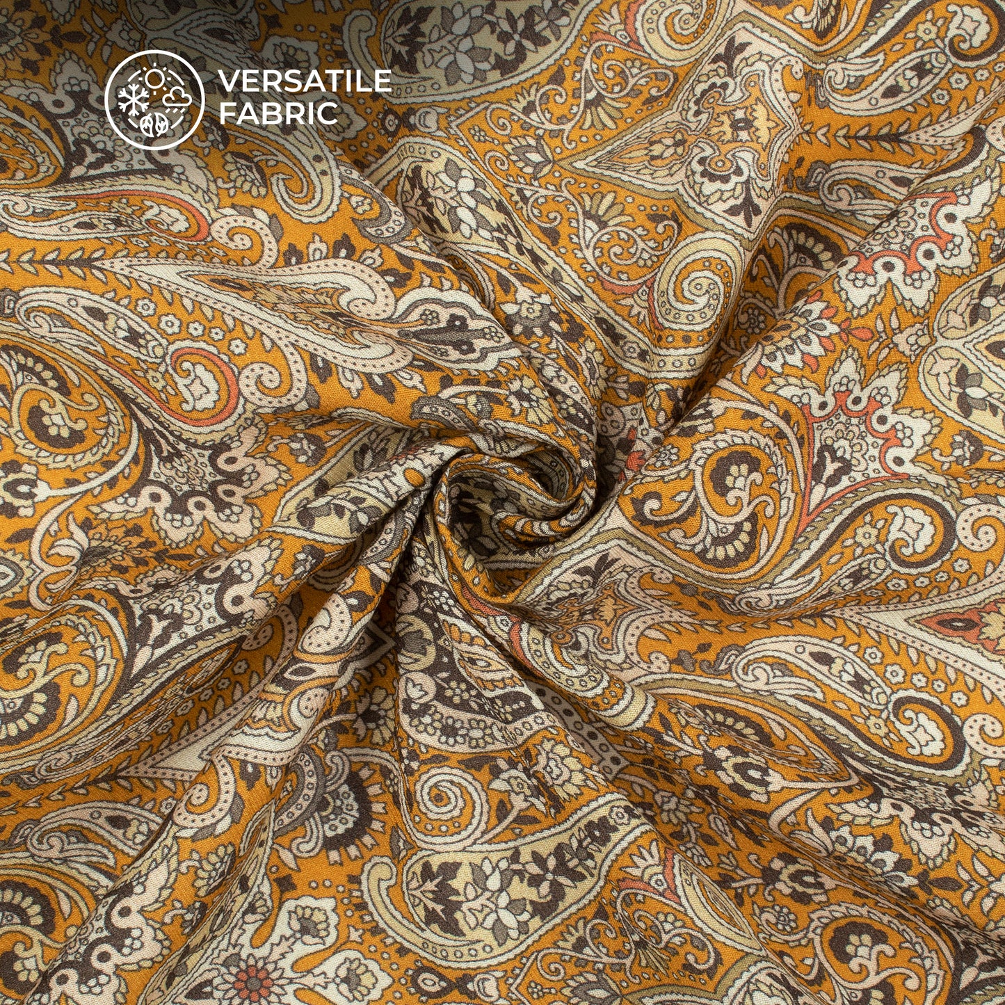 Ochre Yellow Paisley Printed Sustainable Milk Fabric