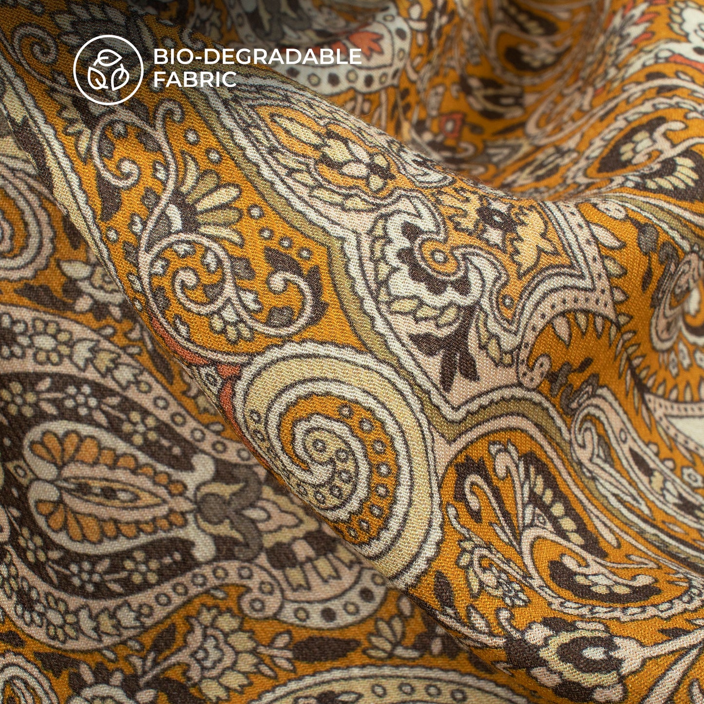 Ochre Yellow Paisley Printed Sustainable Milk Fabric