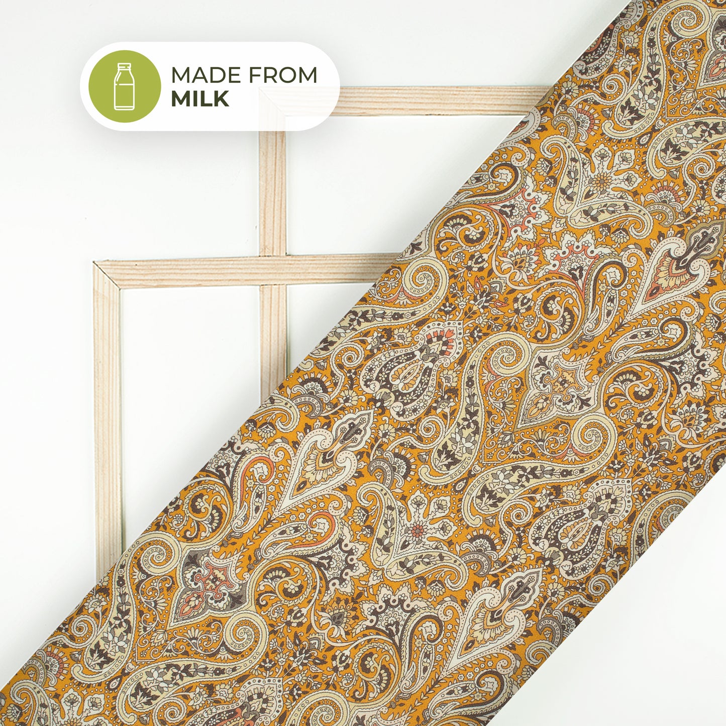 Ochre Yellow Paisley Printed Sustainable Milk Fabric