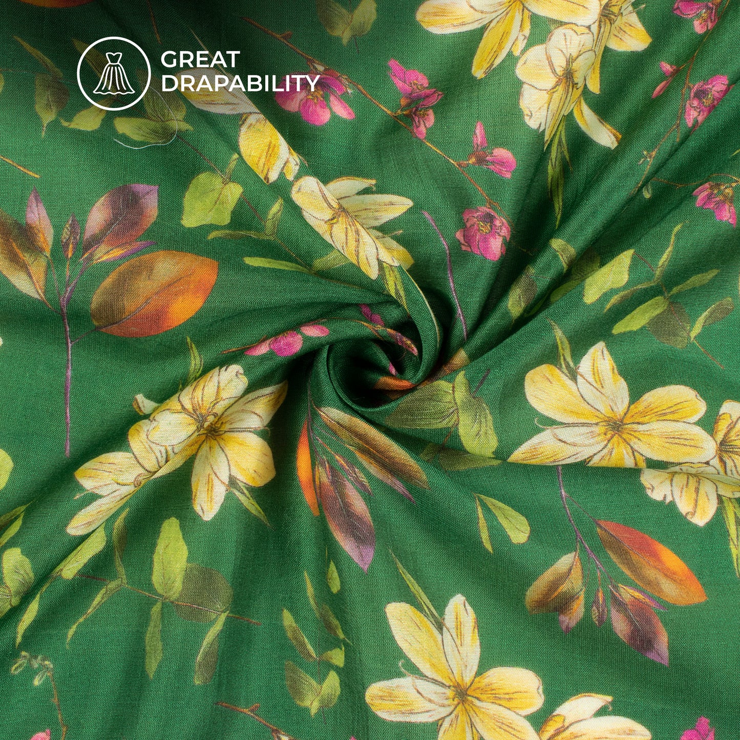 Dark Green Floral Printed Sustainable Orange Fabric