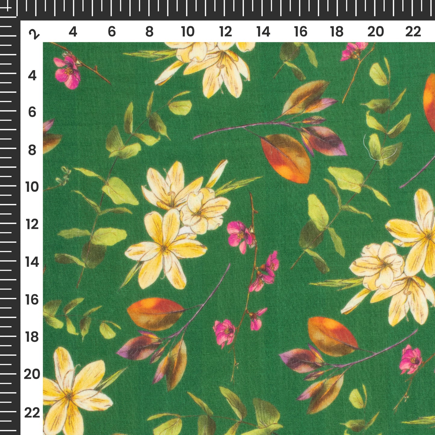 Dark Green Floral Printed Sustainable Orange Fabric