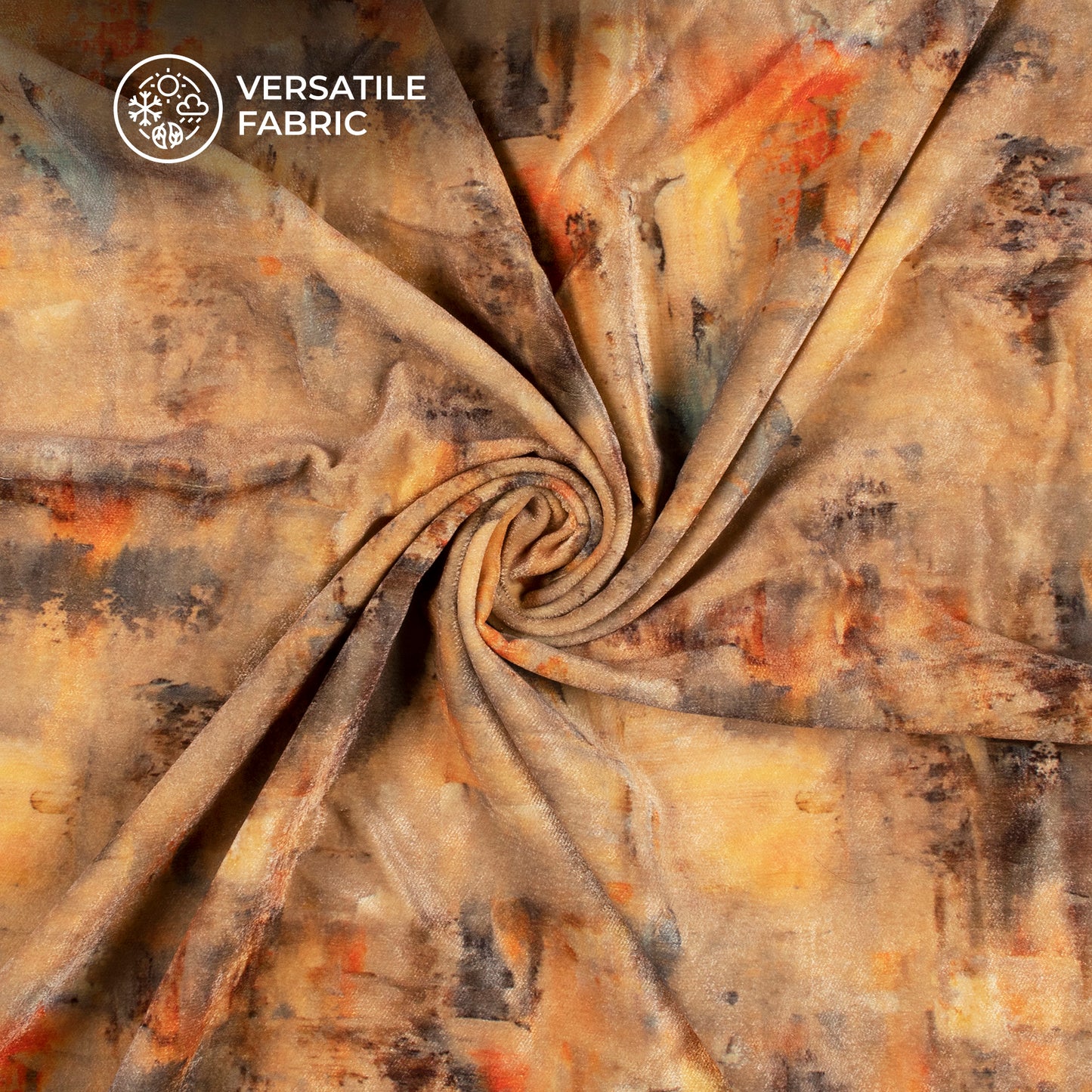 Camel Brown Tye And Dye Pattern Digital Print Velvet Fabric