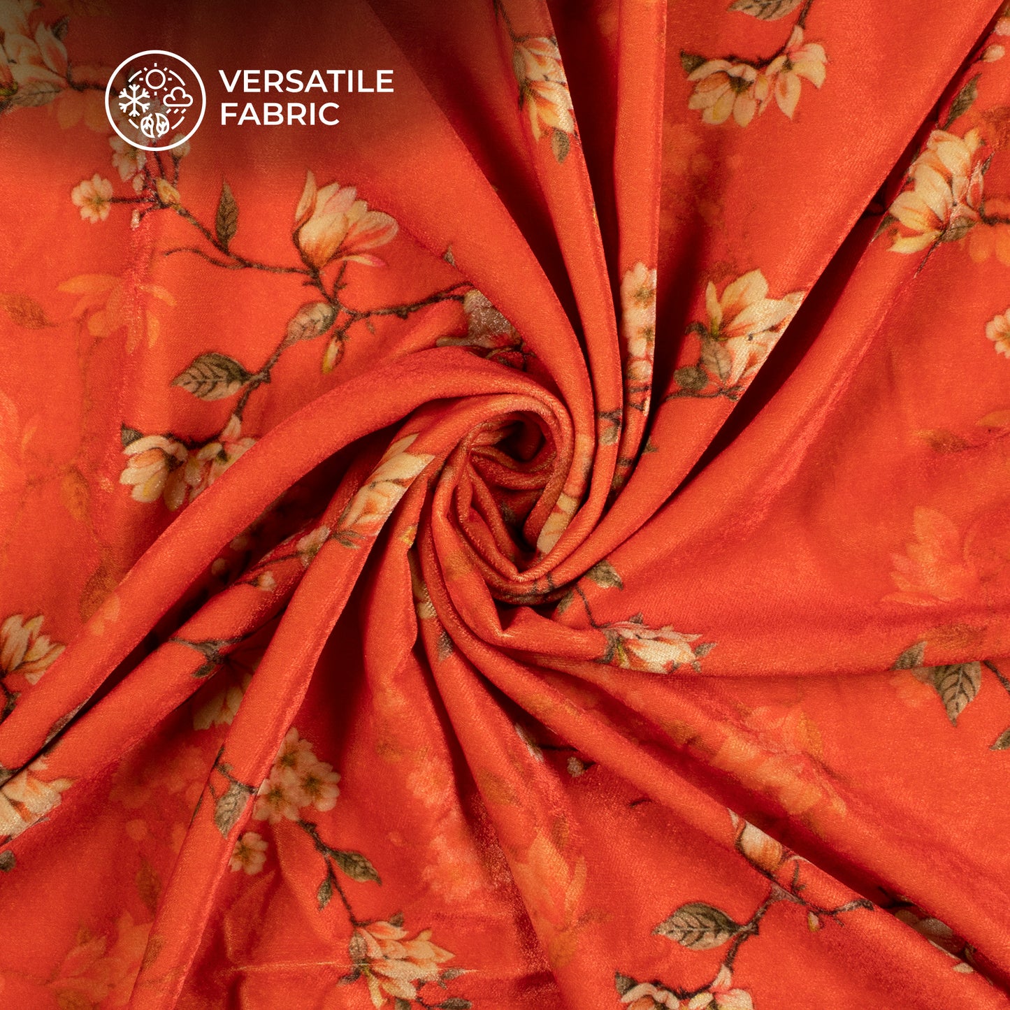 Orange Floral Pattern Digital Print Velvet Fabric