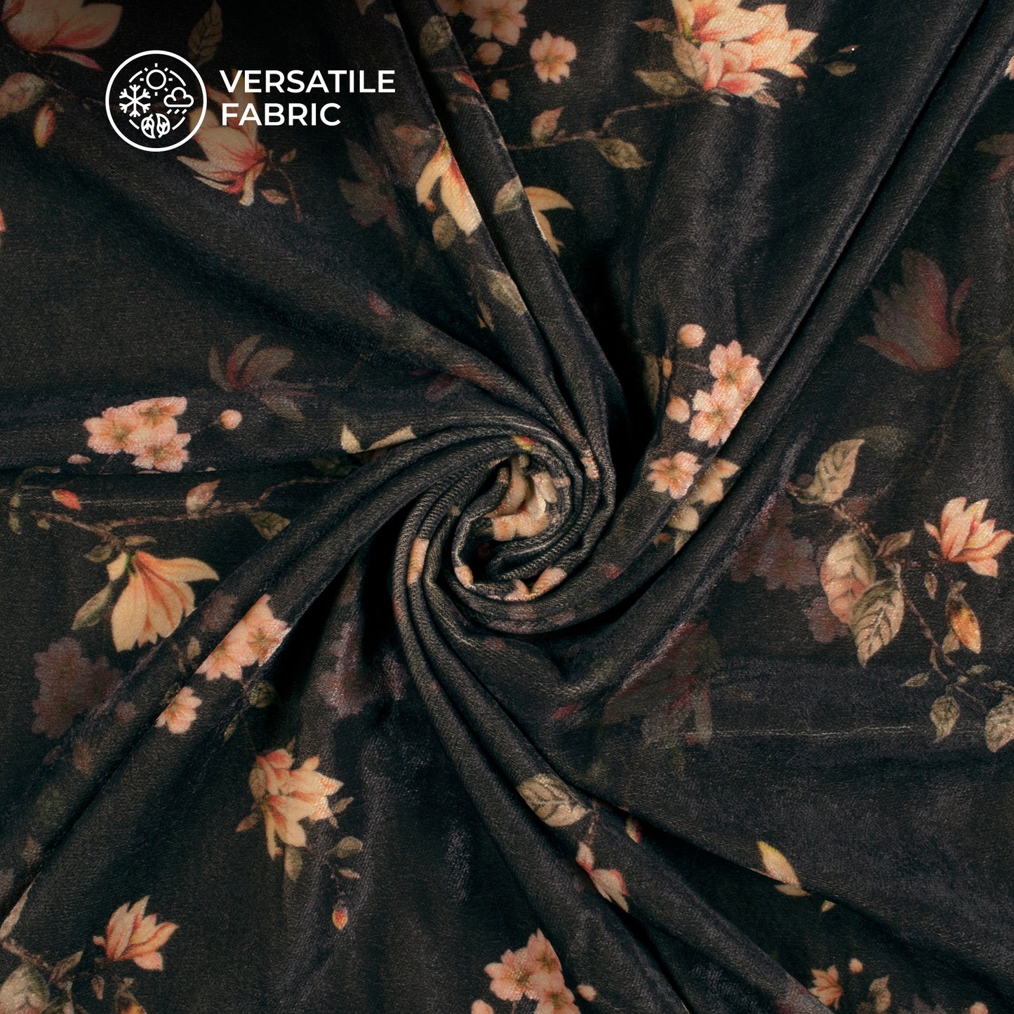 Black Floral Pattern Digital Print Velvet Fabric