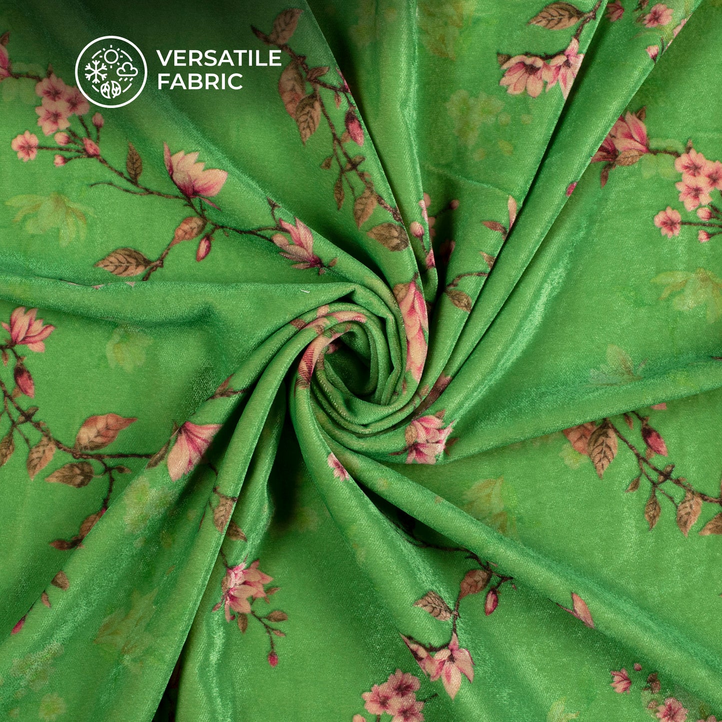 Green Floral Pattern Digital Print Velvet Fabric