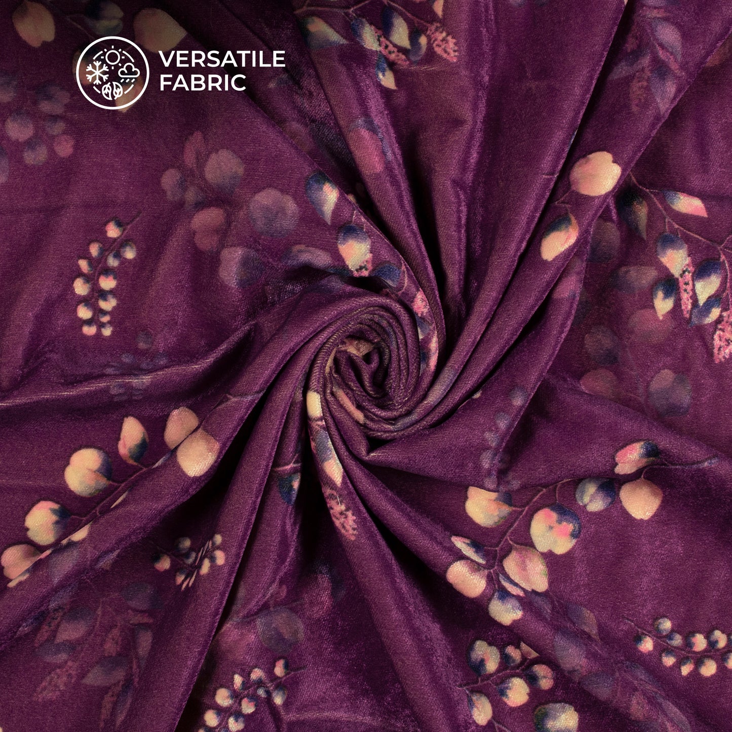 Deep Violet Purple Leaf Pattern Digital Print Velvet Fabric