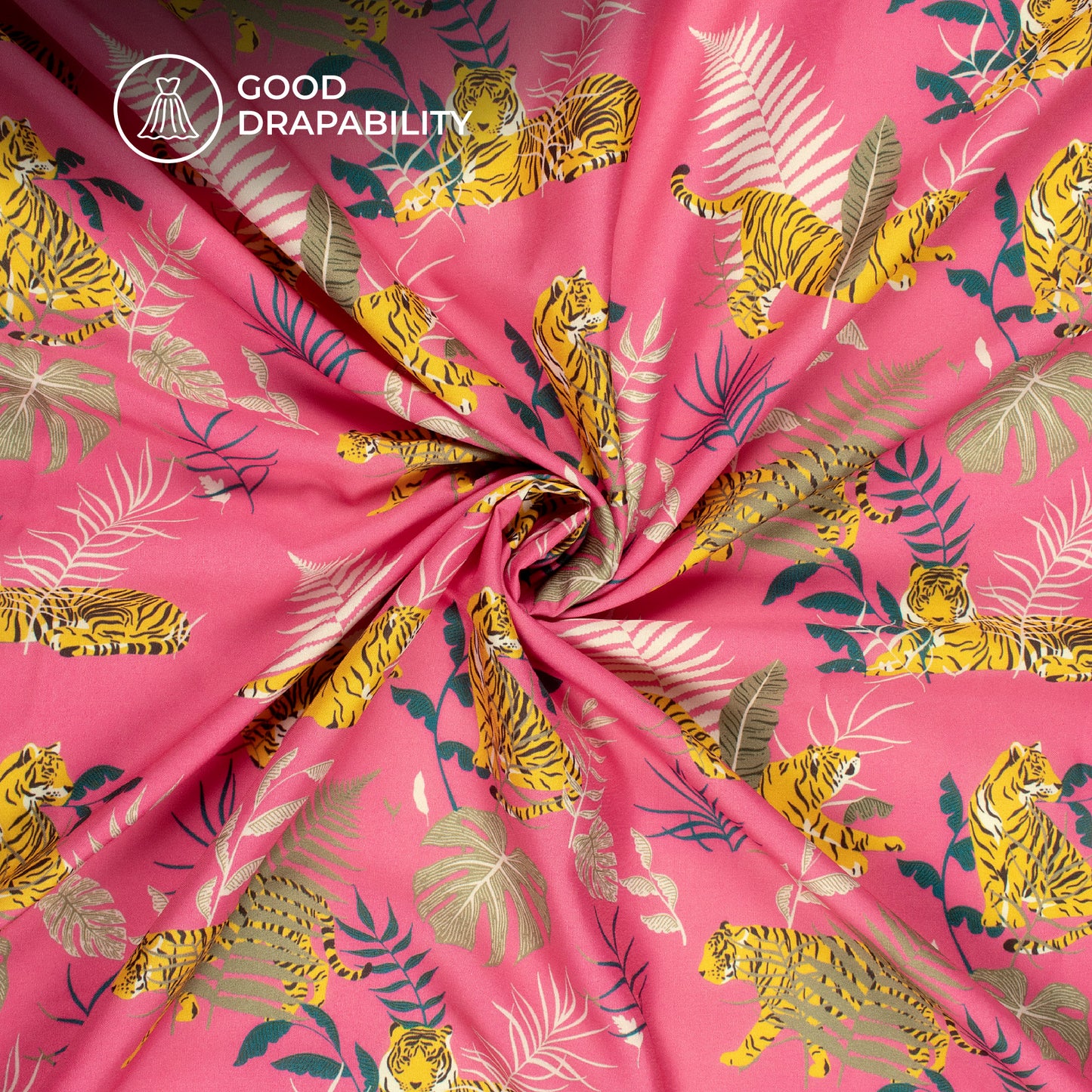 Pink And Yellow Tiger Digital Print Butter Crepe Fabric