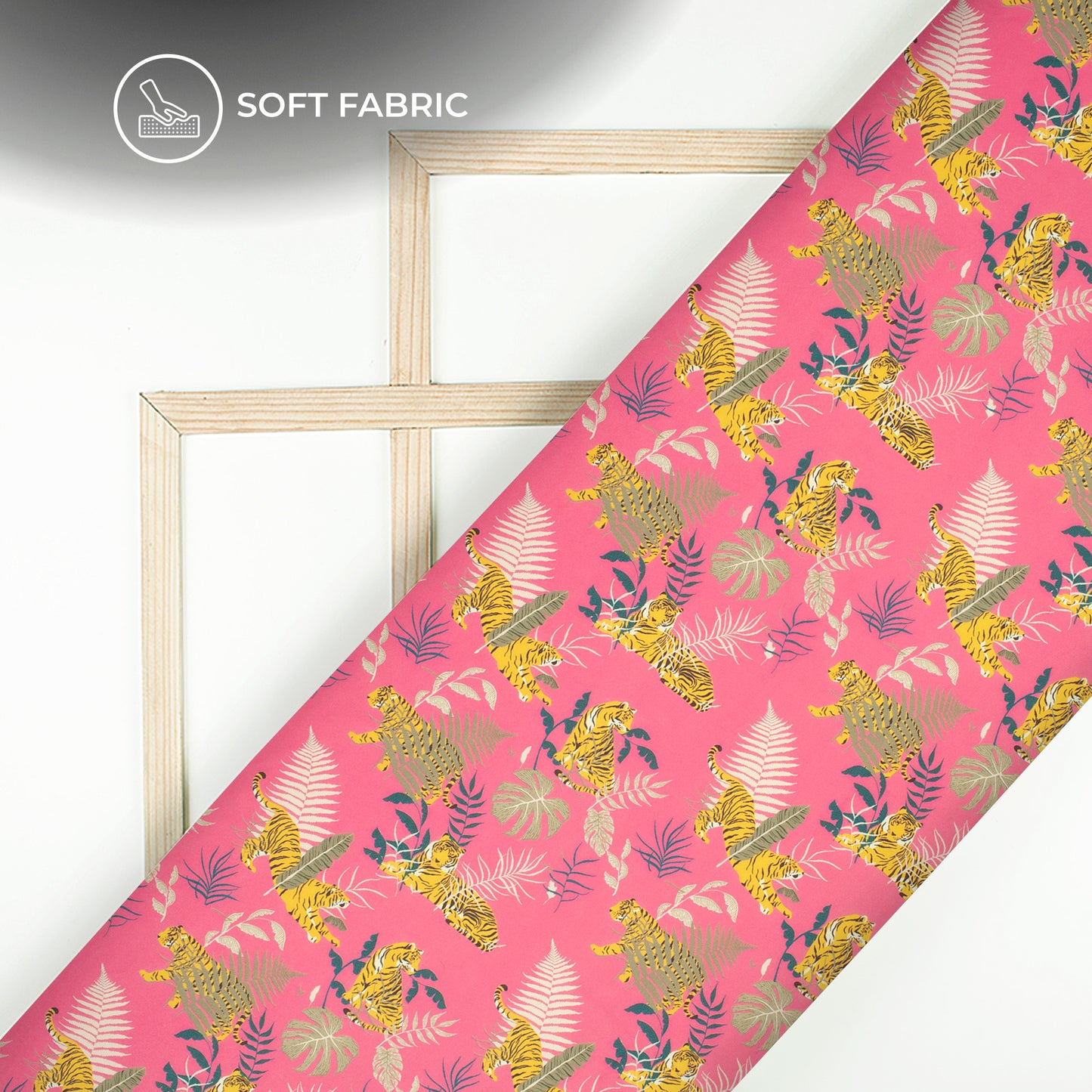 Pink And Yellow Tiger Digital Print Butter Crepe Fabric