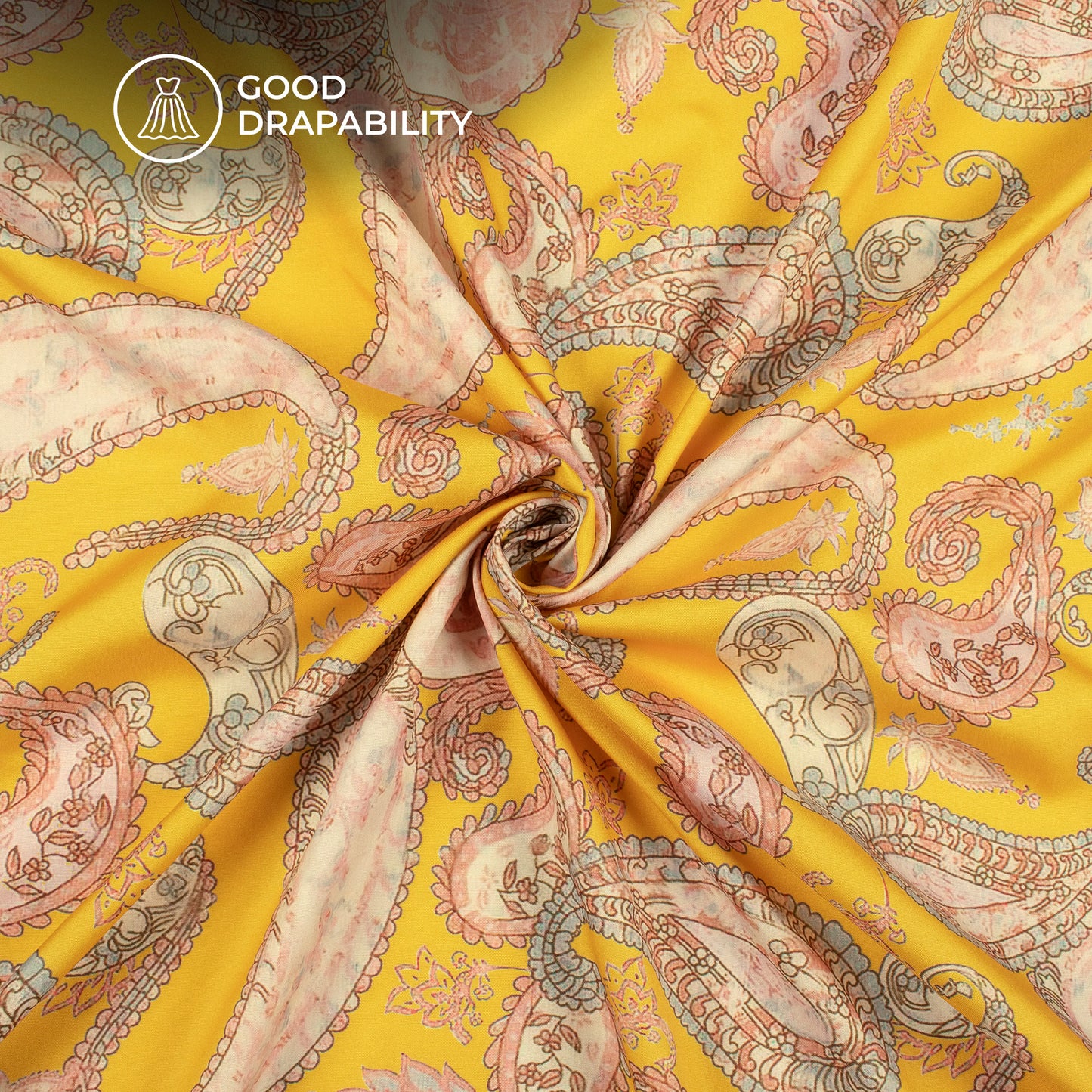 Yellow And Blush Pink Paisely Digital Print Butter Crepe Fabric