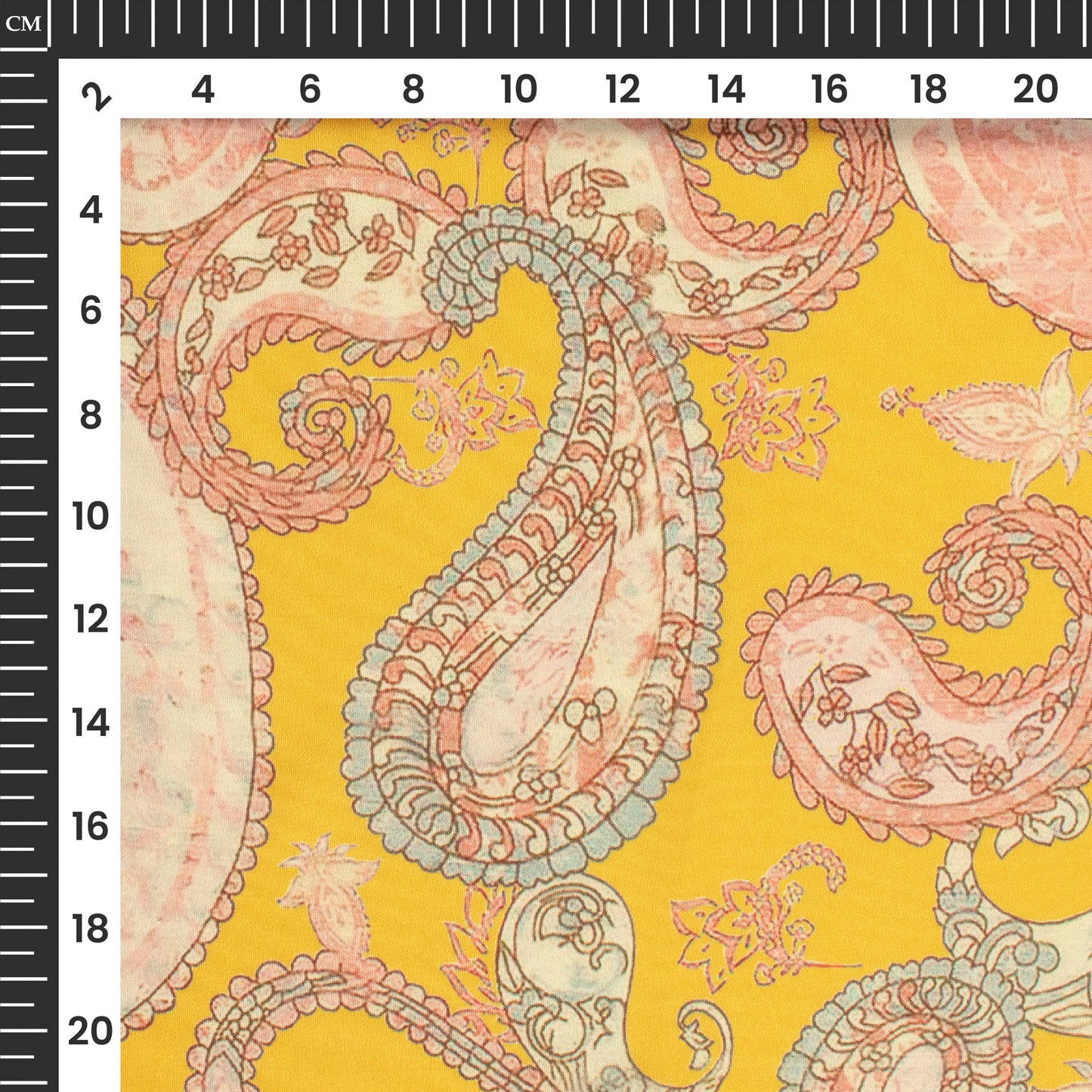 Yellow And Blush Pink Paisely Digital Print Butter Crepe Fabric