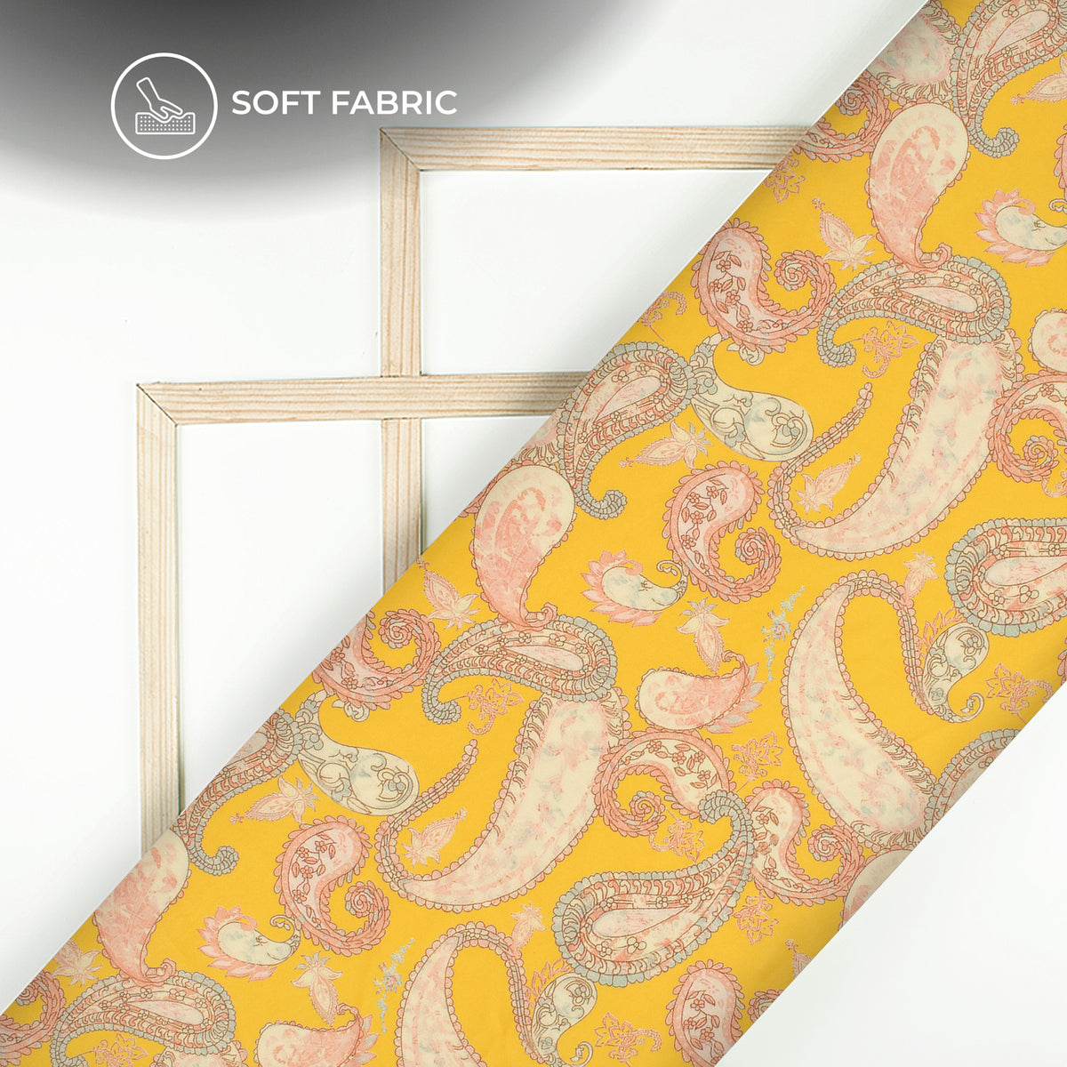 Yellow And Blush Pink Paisely Digital Print Butter Crepe Fabric