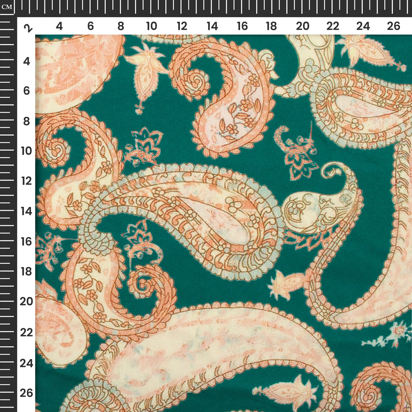 Teal Blue And Blush Pink Paisely Digital Print Butter Crepe Fabric