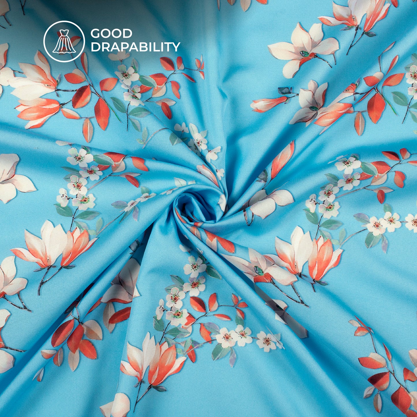 Sky Blue And Off White Floral Digital Print Butter Crepe Fabric