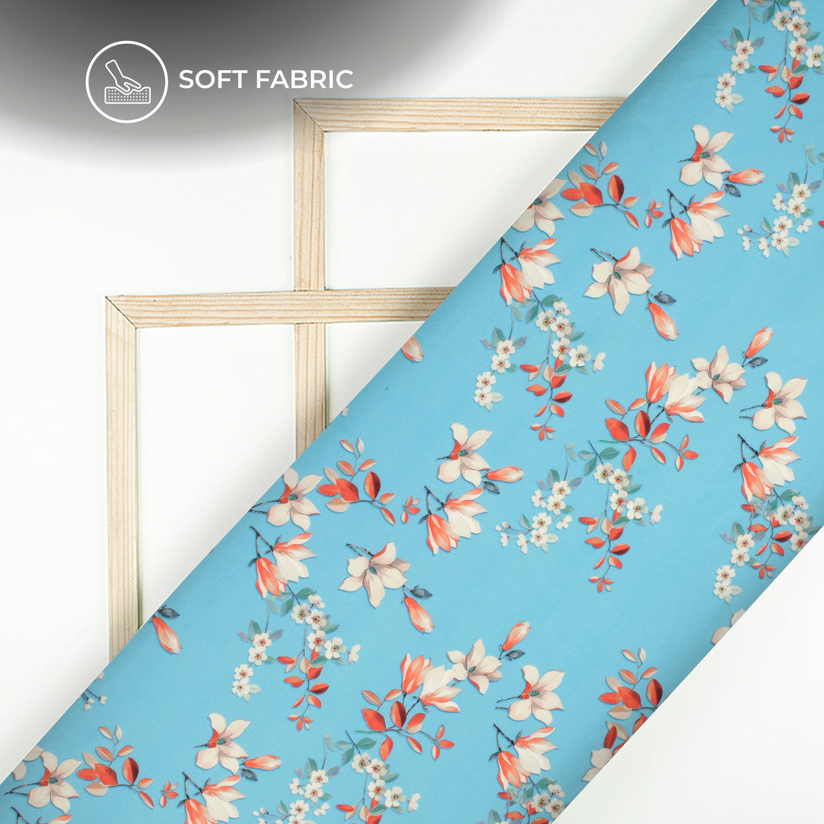 Sky Blue And Off White Floral Digital Print Butter Crepe Fabric