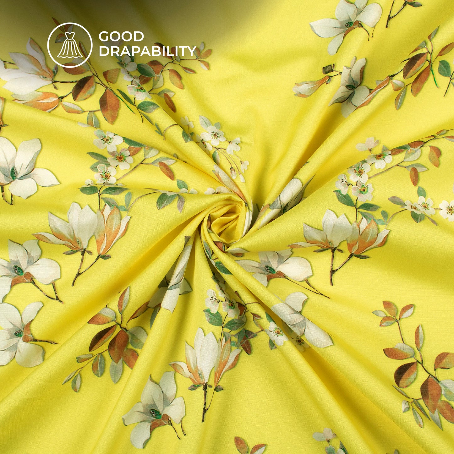 Lemon Yellow And Off White Floral Digital Print Butter Crepe Fabric