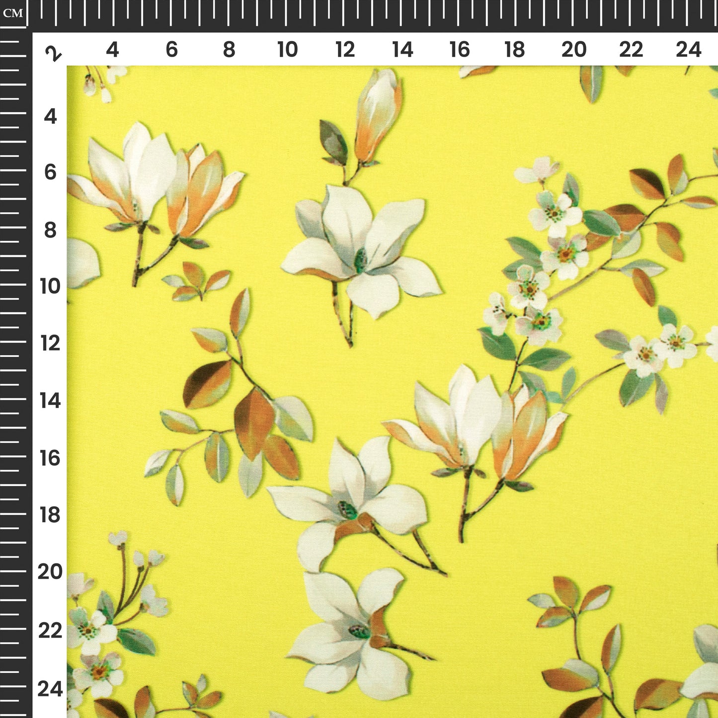 Lemon Yellow And Off White Floral Digital Print Butter Crepe Fabric