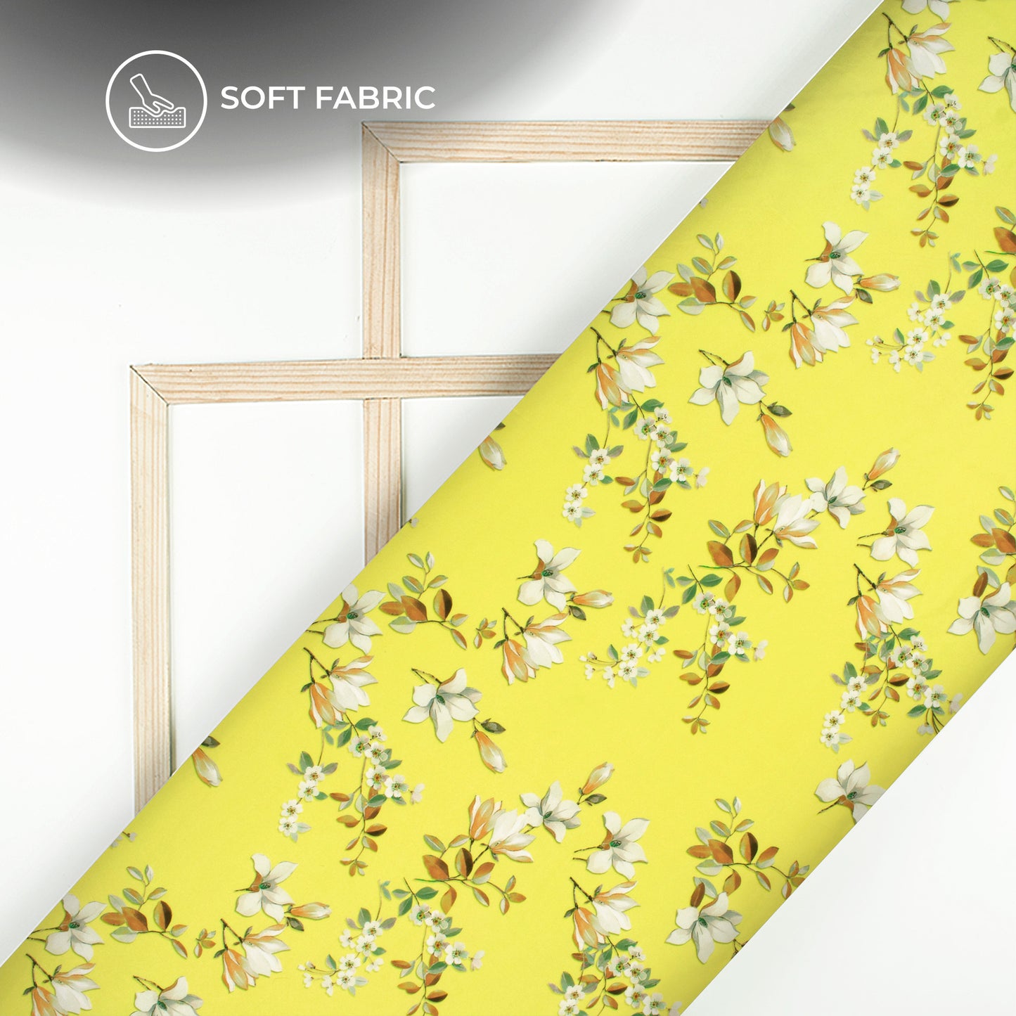 Lemon Yellow And Off White Floral Digital Print Butter Crepe Fabric