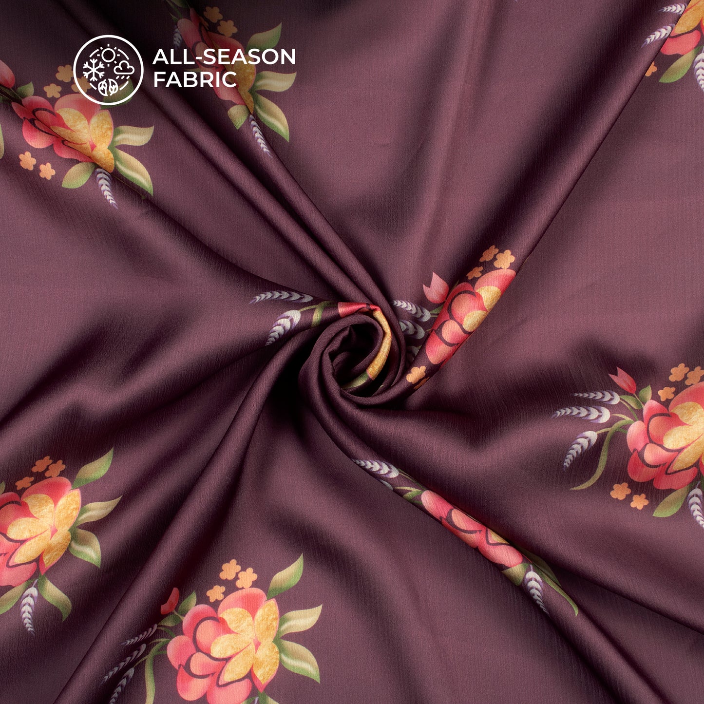 Plum Purple Floral Digital Print Chiffon Satin Fabric