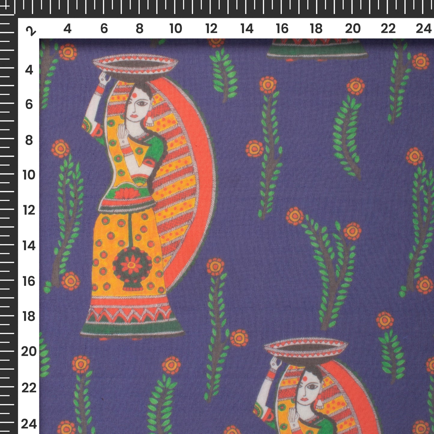 Royal Blue Madhubani Digital Print Matt Organza Fabric